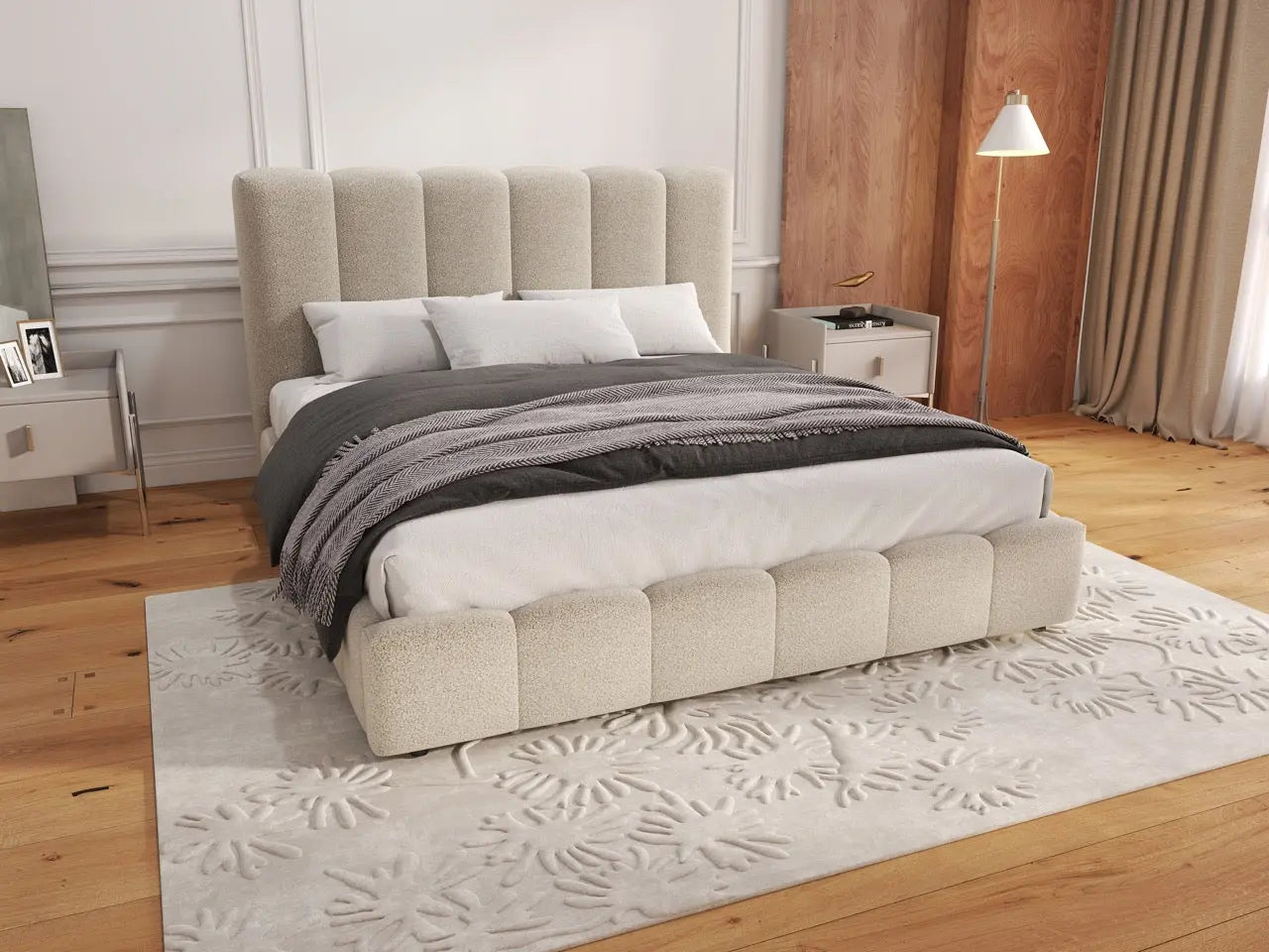 Pat dormitor dumonde, tapitat gri, Milano 160x200 cm, somiera rabatabila inclusa, spatiu depozitare WLS