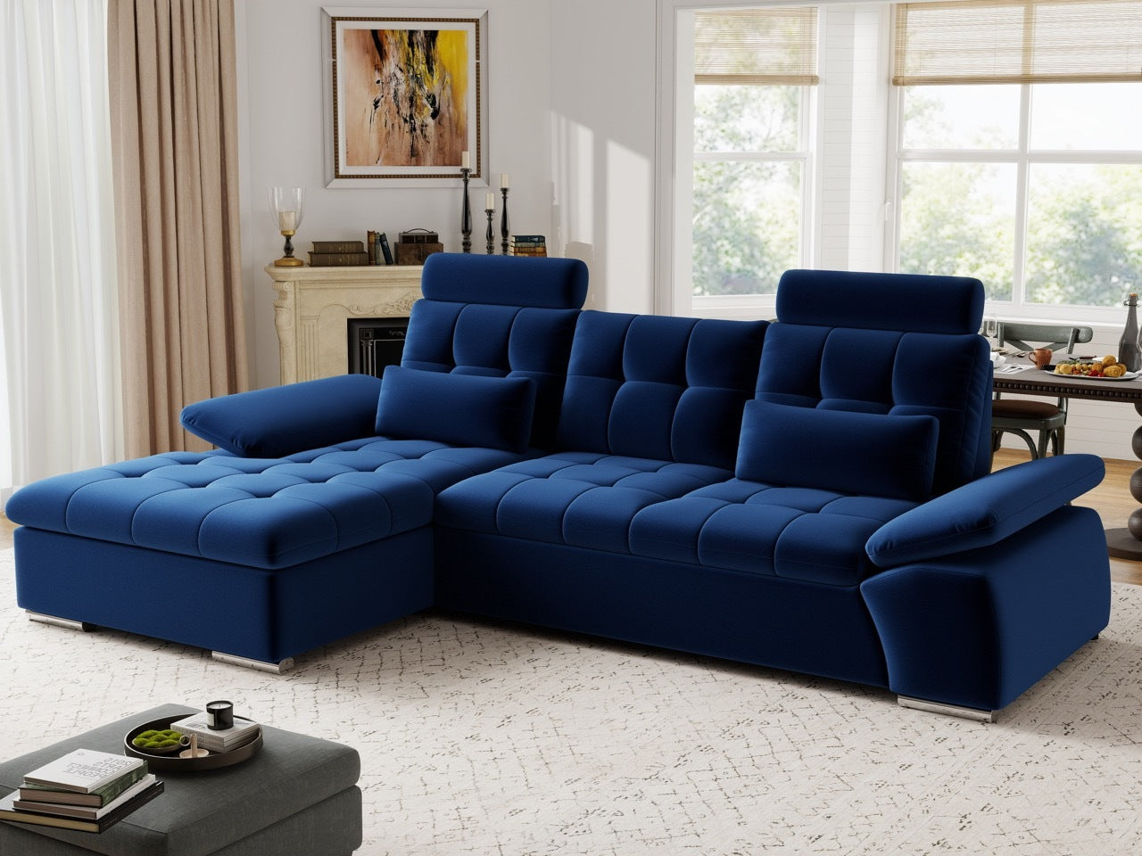 Colțar extensibil dumonde cu ladă de depozitare și șezut confortabil din spumă HR, Merkur Royal Albastru Navy 270x168 cm