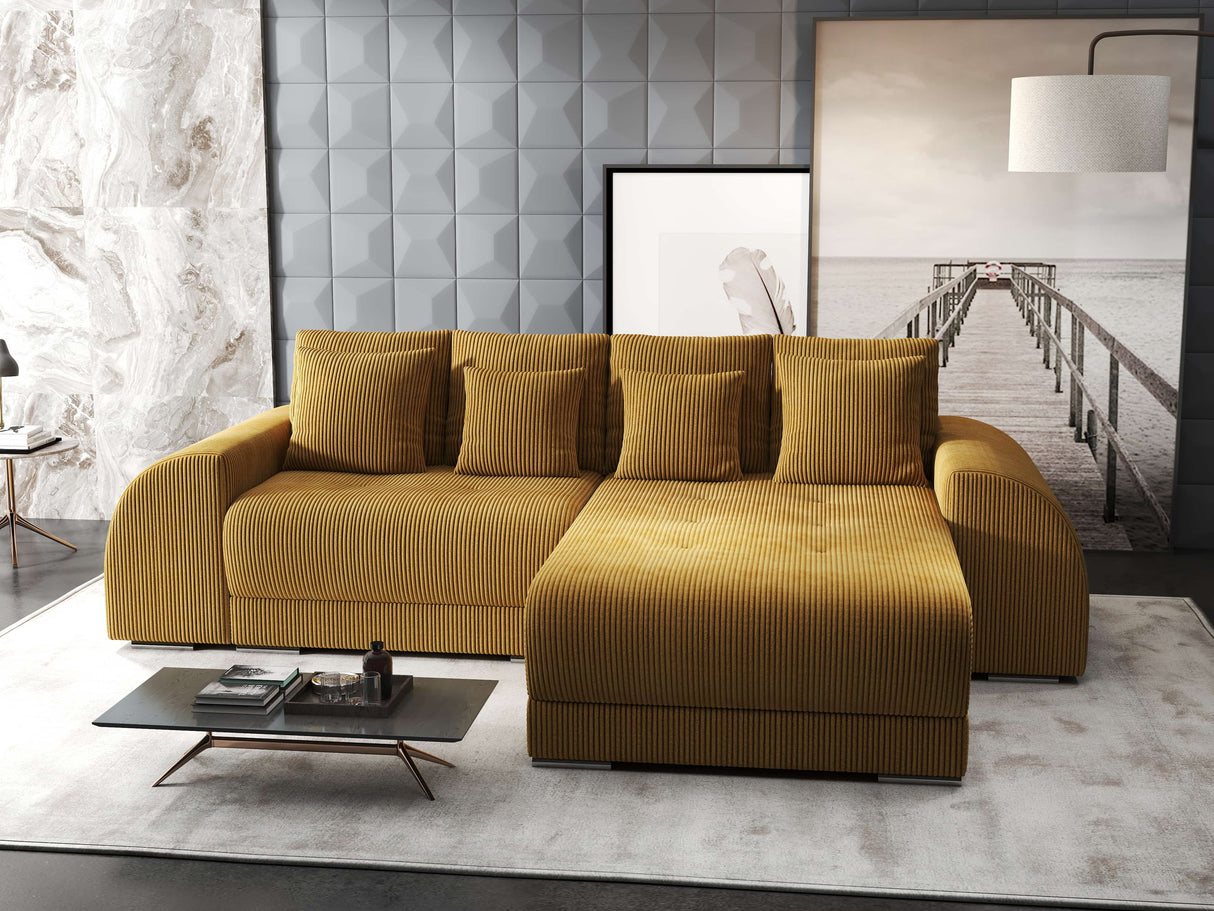 Colțar extensibil dumonde cu ladă de depozitare si sezut confortabil din spuma HR, Verona Zoom Mustar II 290x185 cm Fabrica