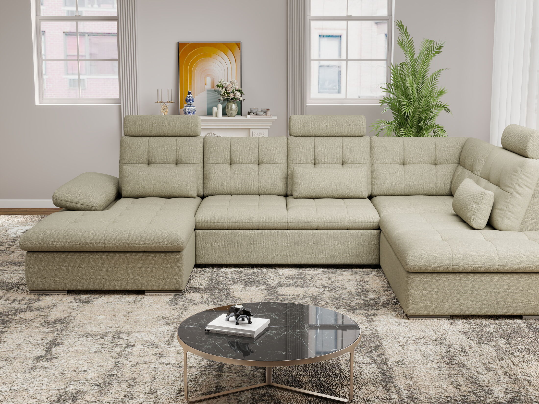 Colțar extensibil dumonde cu ladă de depozitare și șezut confortabil din spumă HR, Merkur U Enjoy Bej 324x218 cm