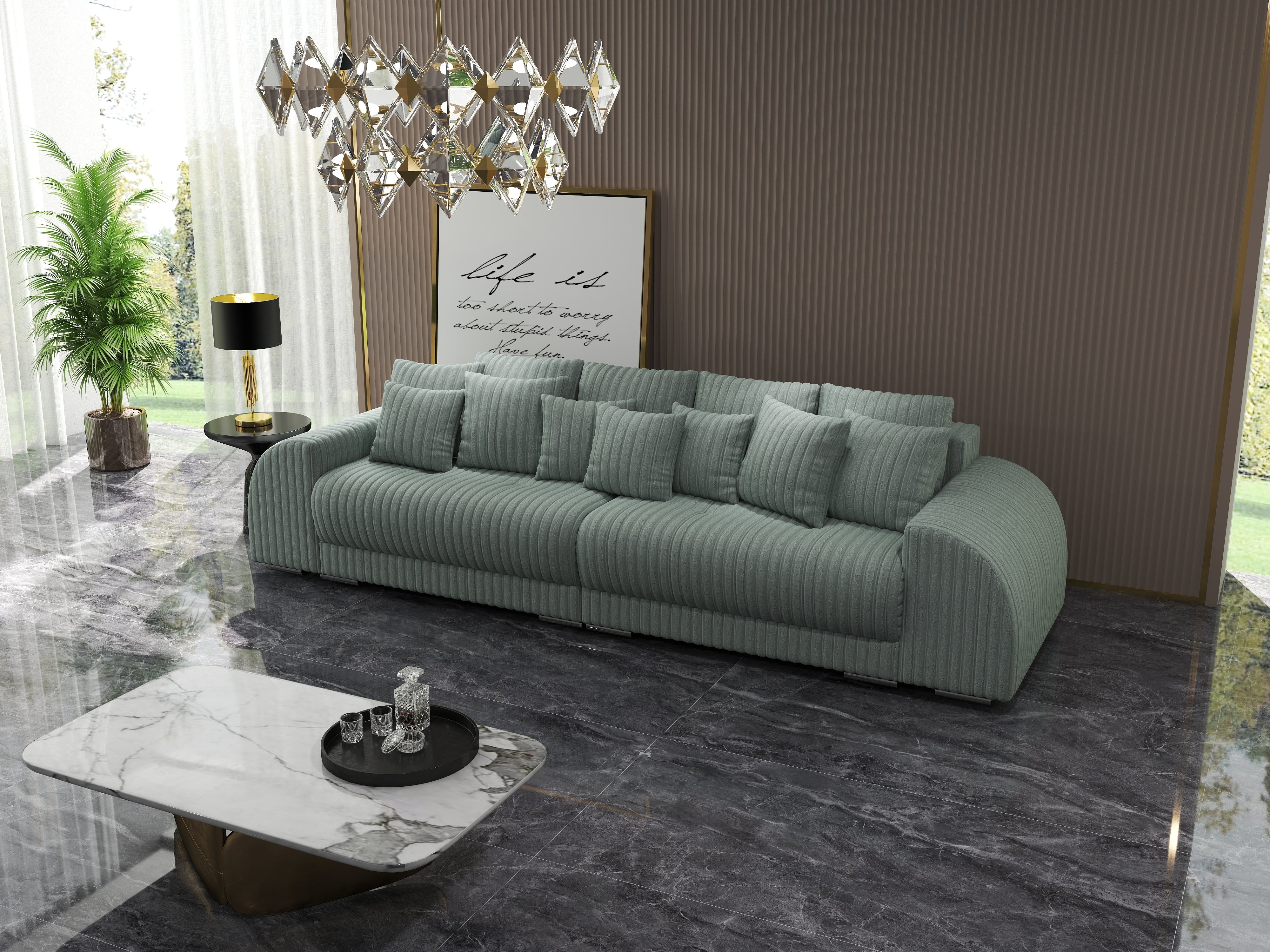 Canapea extensibilă dumonde cu 2 lăzi de depozitare si sezut confortabil din spuma HR, Verona Ambience Sage 310x100 cm Fabrica