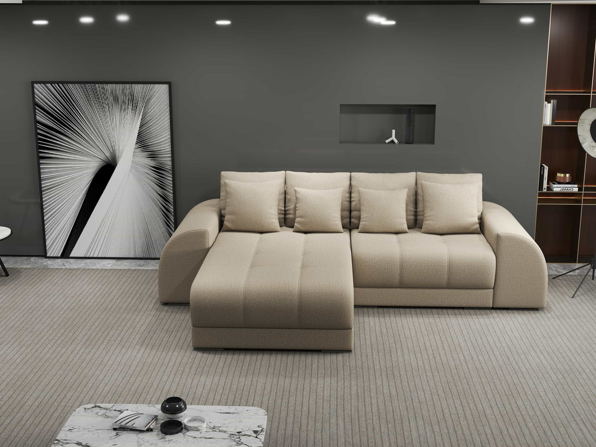Colțar extensibil dumonde cu ladă de depozitare si sezut confortabil din spuma HR, Verona Enjoy Beige 290x185 cm Fabrica