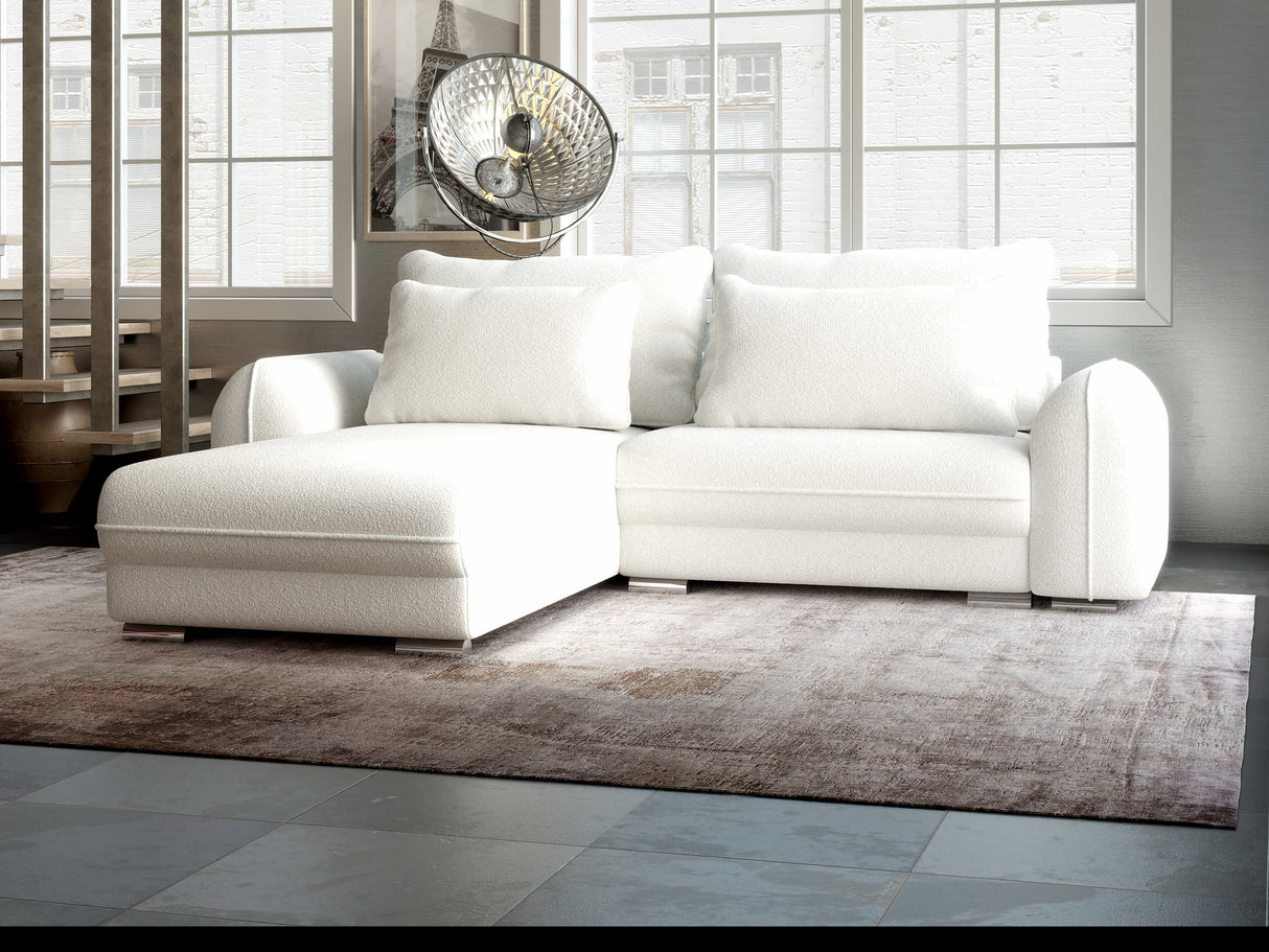 Colțar extensibil dumonde cu ladă de depozitare si sezut confortabil din spuma HR, Denver Euphoria Alb 275x185 cm Fabrica
