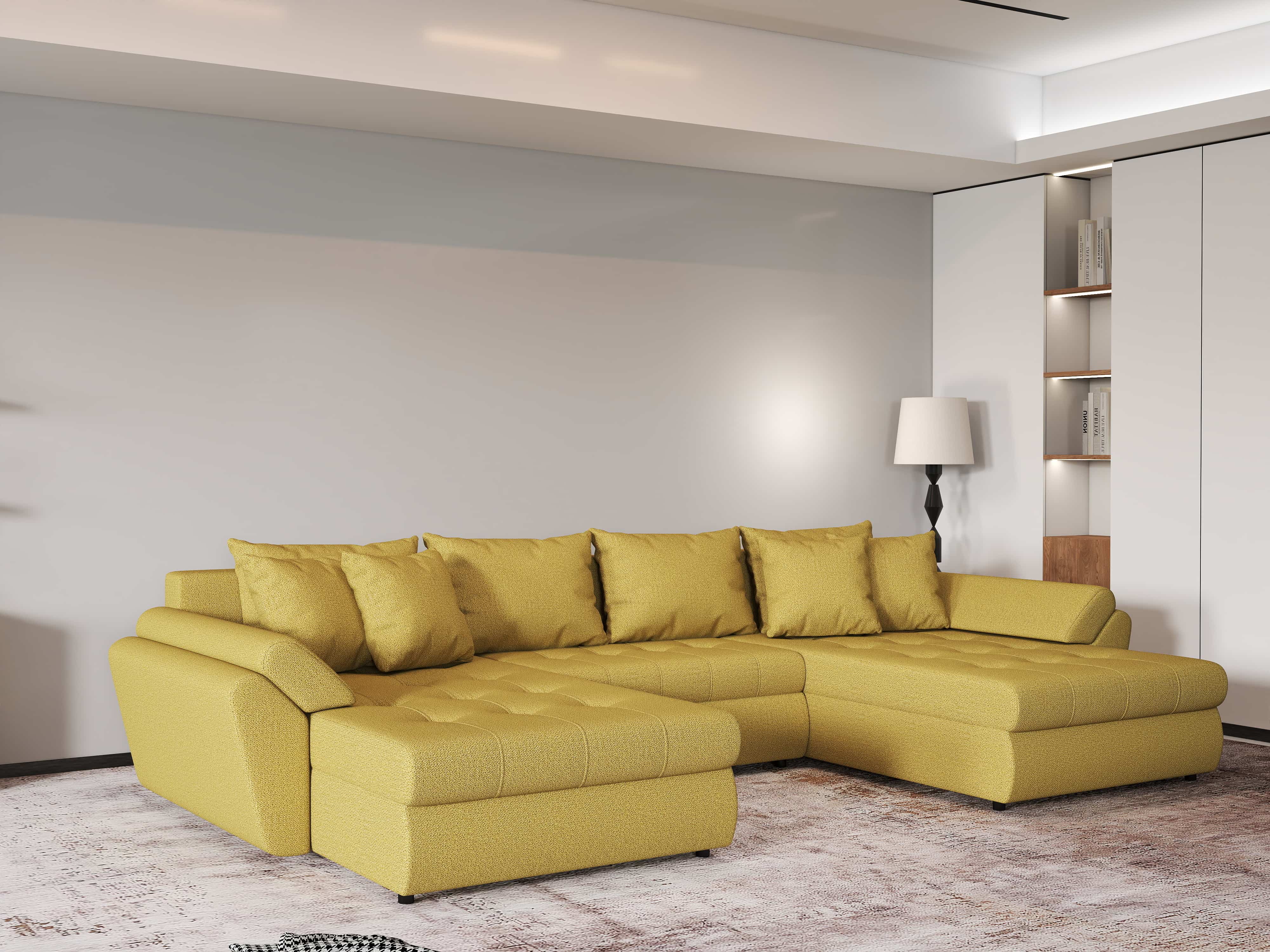 Colțar extensibil dumonde cu ladă de depozitare si sezut confortabil din spuma HR, Loana U Melon 355x185 cm Fabrica