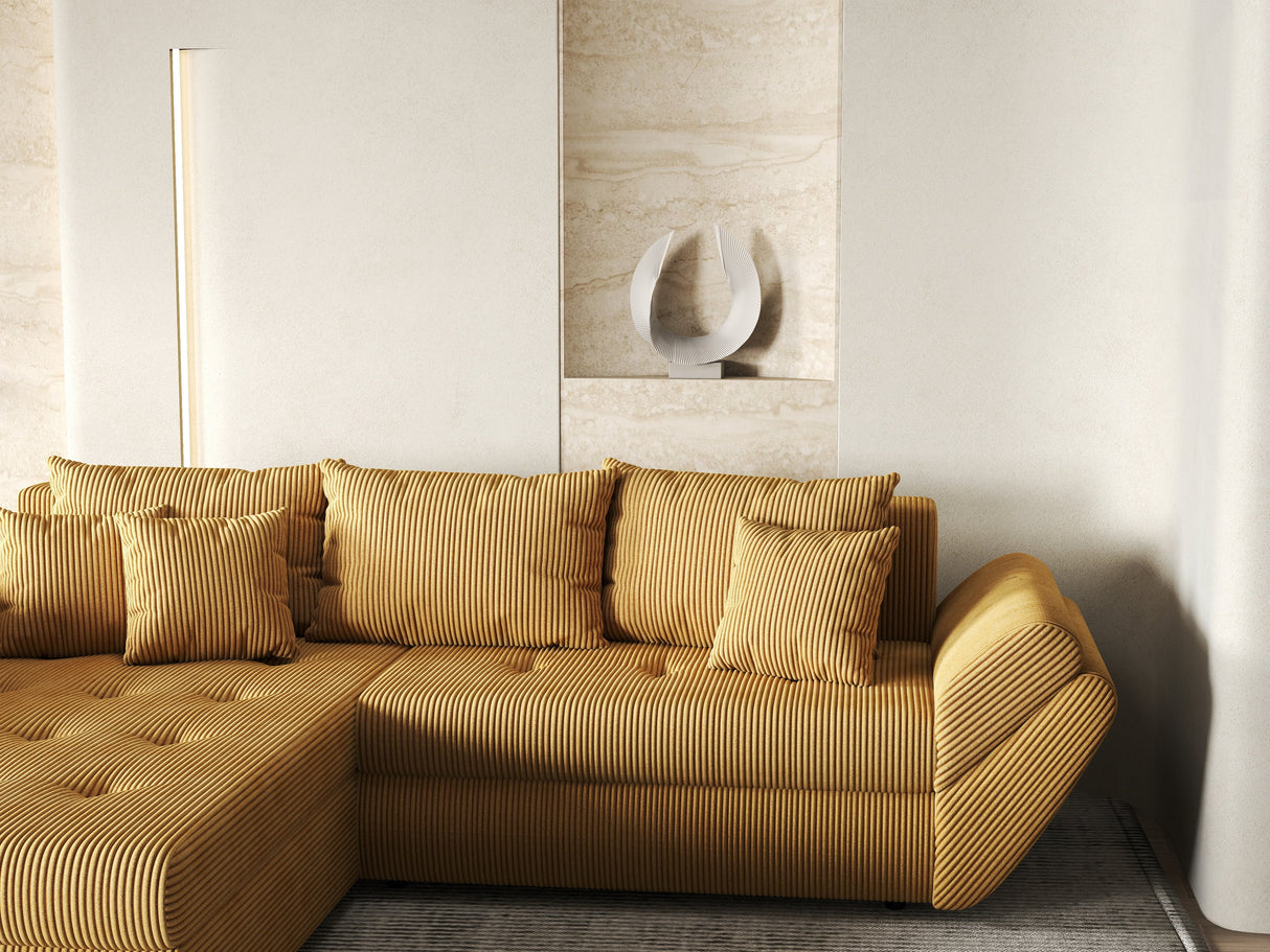 Colțar extensibil dumonde cu ladă de depozitare si sezut confortabil din spuma HR, Loana Mustar Zoom 270x185 cm Fabrica