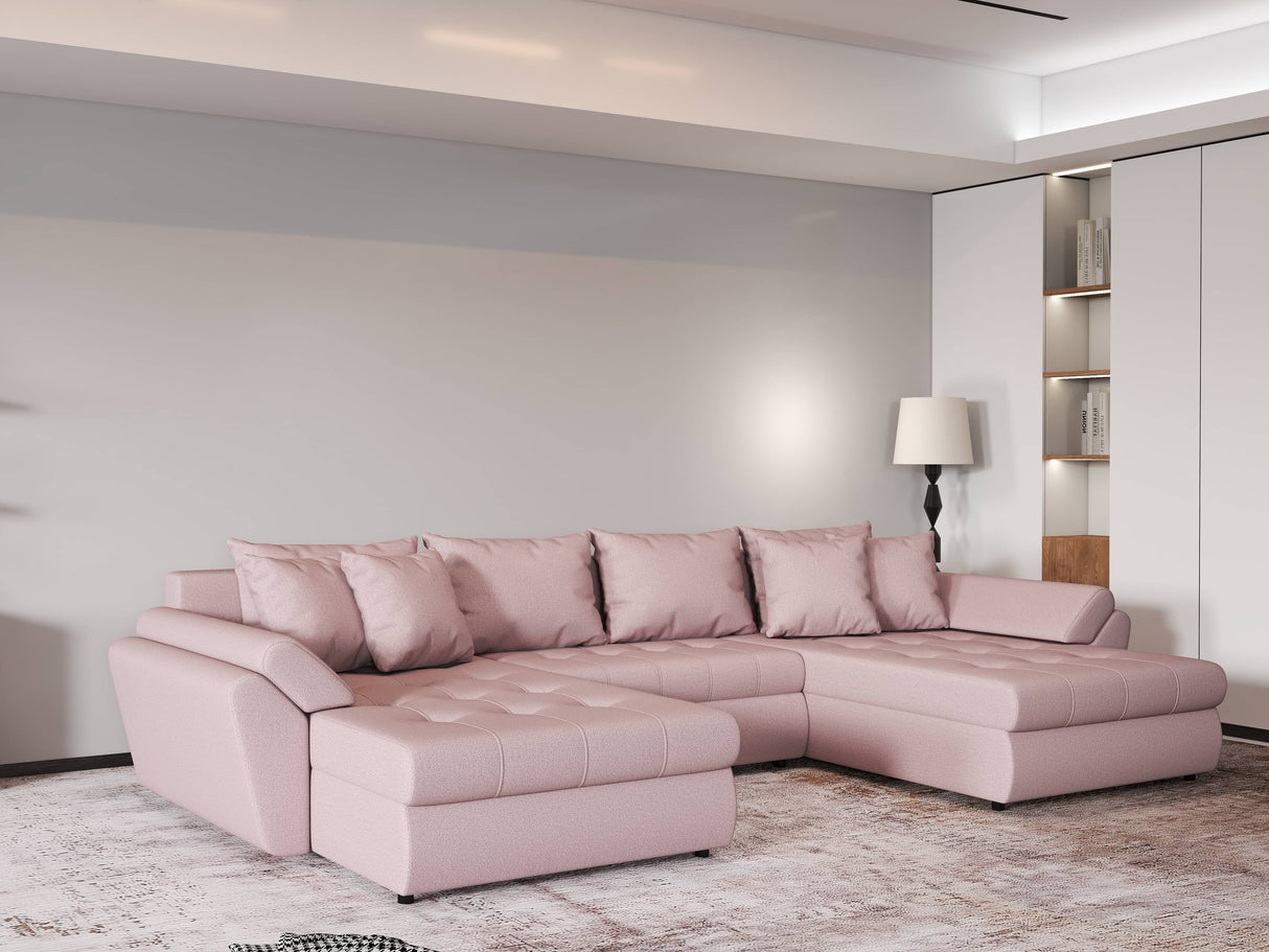 Colțar extensibil dumonde cu ladă de depozitare si sezut confortabil din spuma HR, Loana Enjoy Roz U 355x185 cm Fabrica