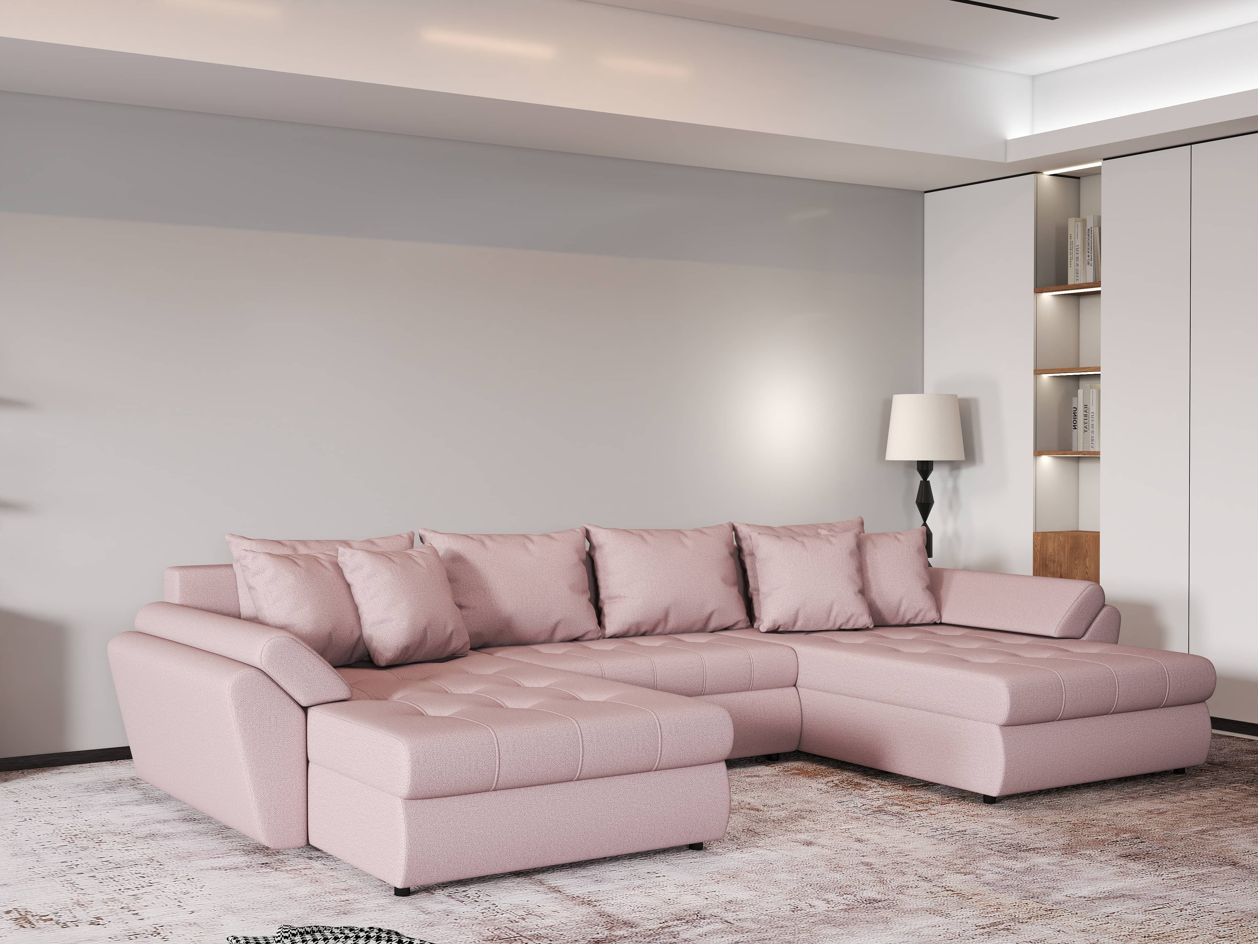 Colțar extensibil dumonde cu ladă de depozitare si sezut confortabil din spuma HR, Loana Enjoy Roz U 355x185 cm Fabrica