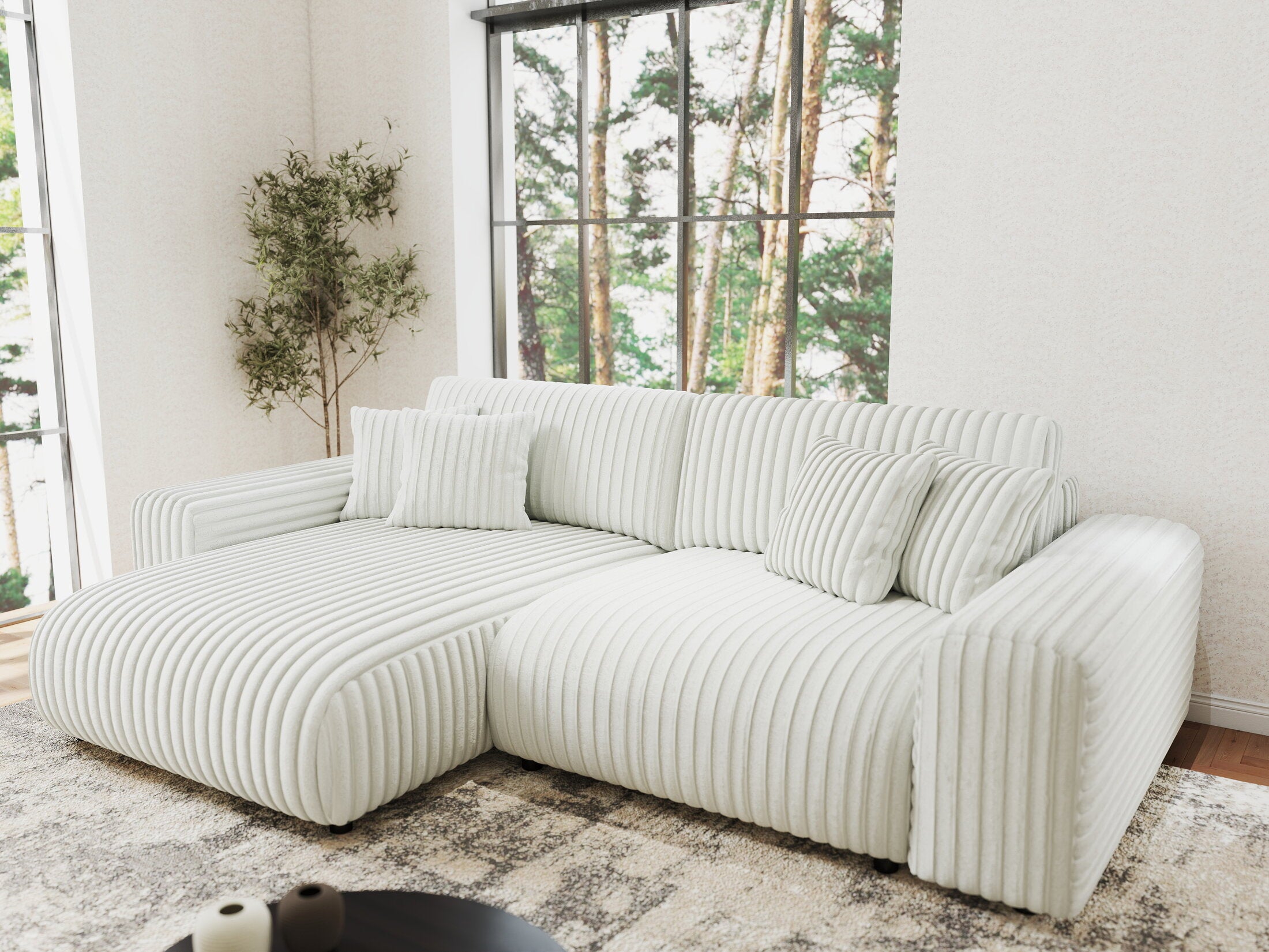 Colțar extensibil dumonde cu ladă de depozitare si sezut confortabil din spuma HR, Sarina Ambience Alb 255x168 cm