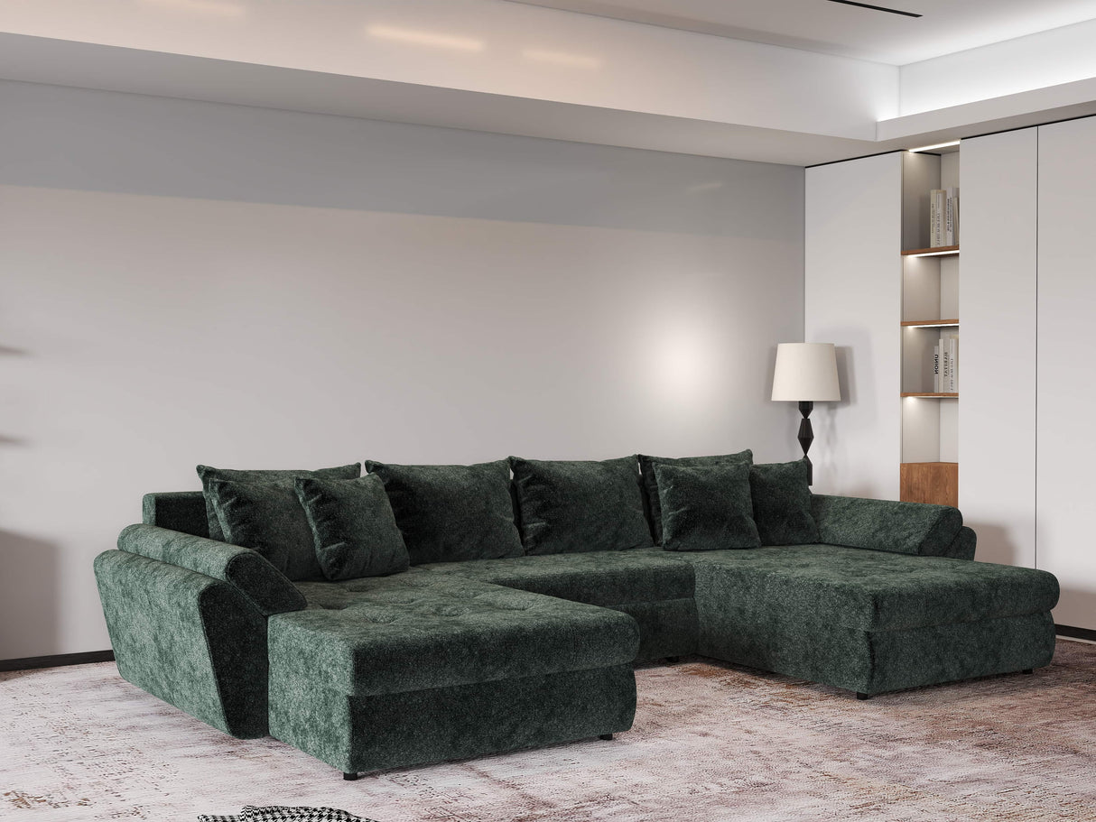 Colțar extensibil dumonde cu ladă de depozitare si sezut confortabil din spuma HR, Loana U Verde Euphoria 355x185 cm Fabrica
