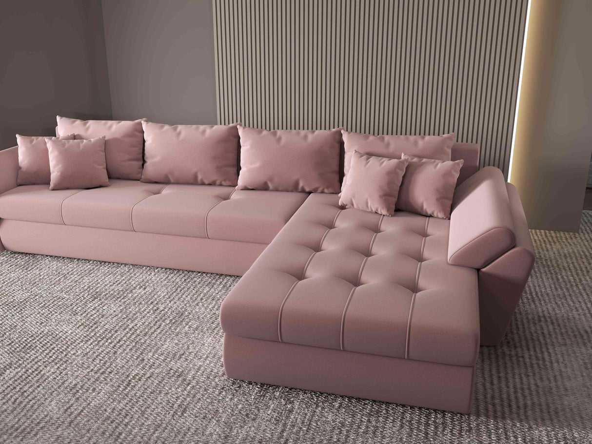 Colțar extensibil dumonde cu ladă de depozitare si sezut confortabil din spuma HR, Loana XL Royal Roz II 335x185 cm Fabrica