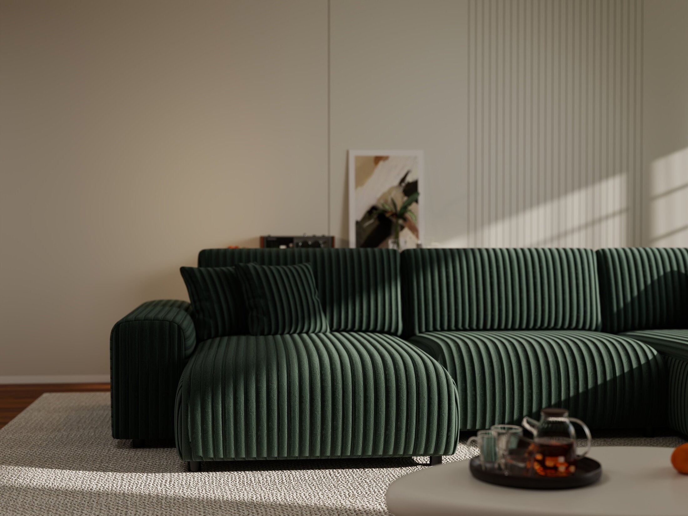 Colțar extensibil dumonde cu ladă de depozitare si sezut confortabil din spuma HR, Sarina U Ambience Verde 350x168 cm