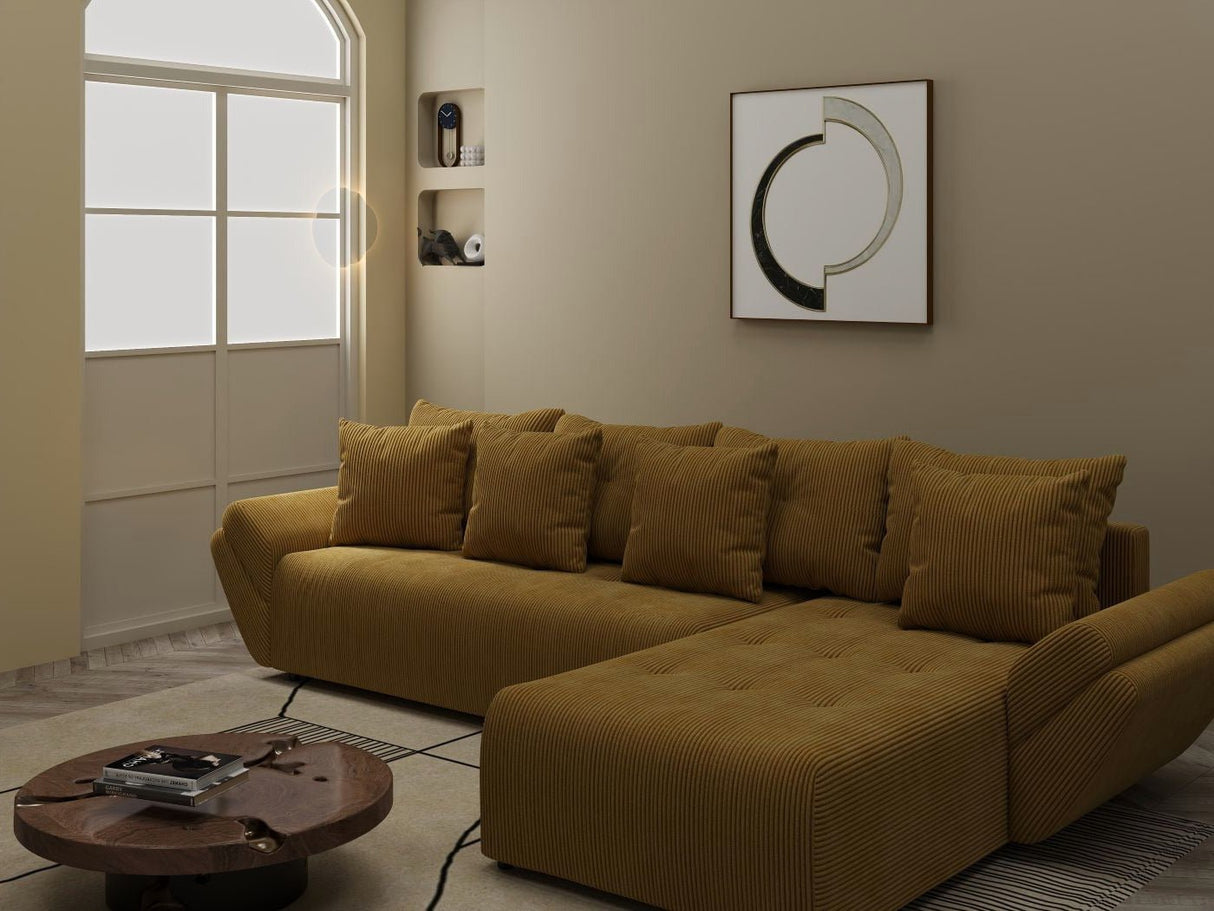 Colțar extensibil dumonde cu ladă de depozitare si sezut confortabil din spuma HR, Berlin XL Zoom Mustar 350x185 cm II Fabrica