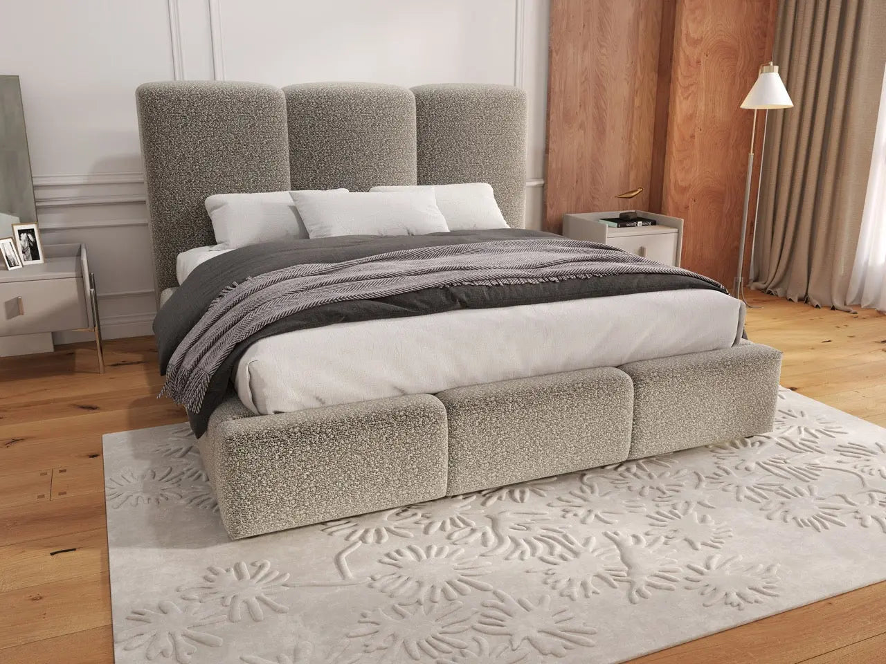 Pat dormitor dumonde, tapitat bej, Dinasty 180x200 cm, somiera rabatabila inclusa, spatiu depozitare WLS