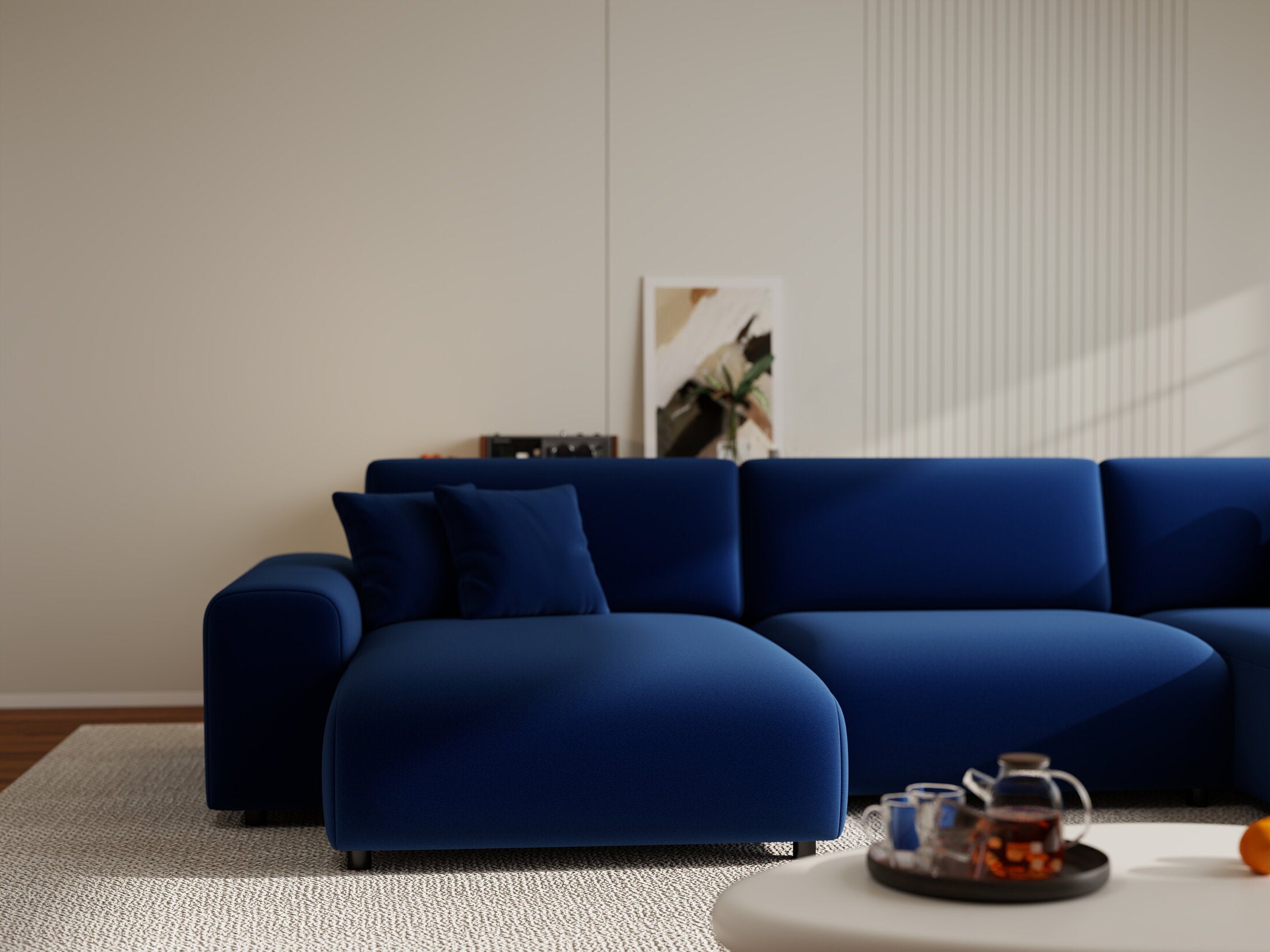 Colțar extensibil dumonde cu ladă de depozitare si sezut confortabil din spuma HR, Sarina U Royal Albastru Navy 350x168 cm