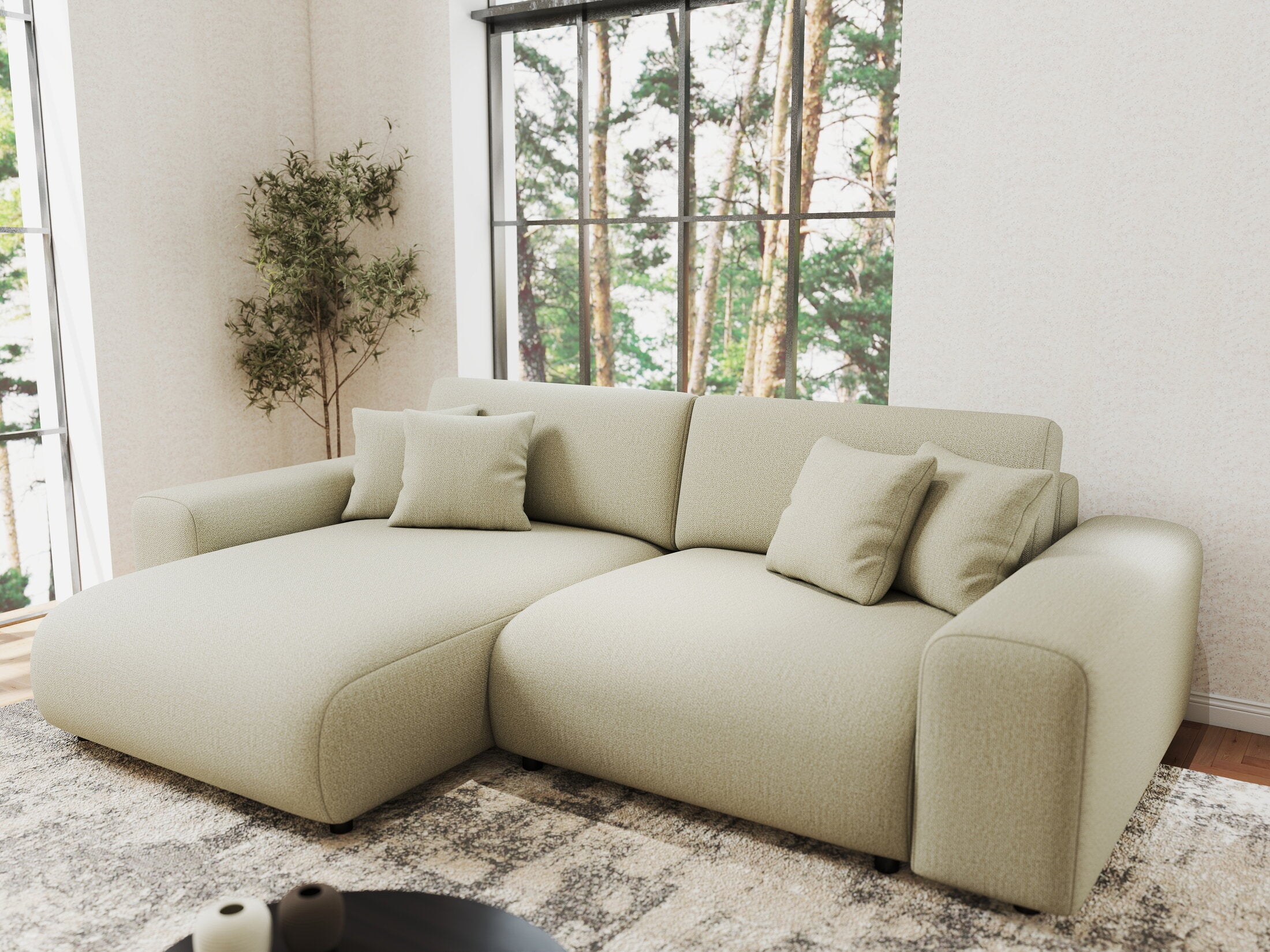 Colțar extensibil dumonde cu ladă de depozitare si sezut confortabil din spuma HR, Sarina Enjoy Bej 255x168 cm