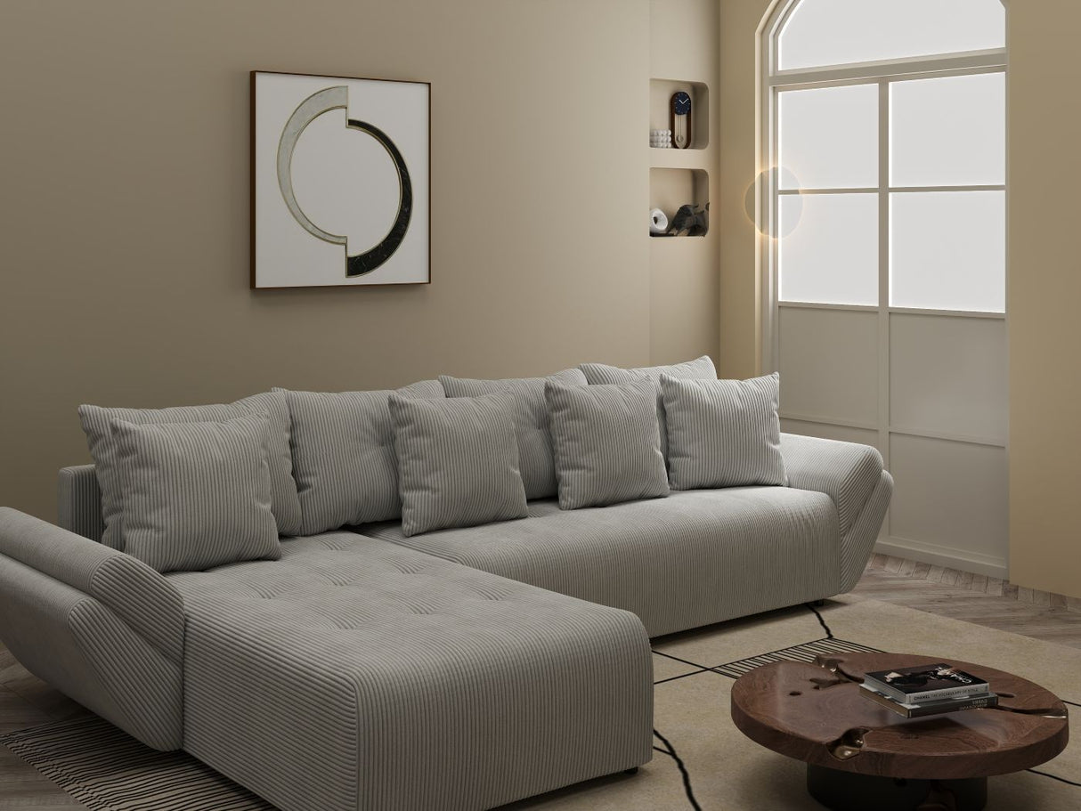 Colțar extensibil dumonde cu ladă de depozitare si sezut confortabil din spuma HR, Berlin XL Zoom Pearl 350x185 cm