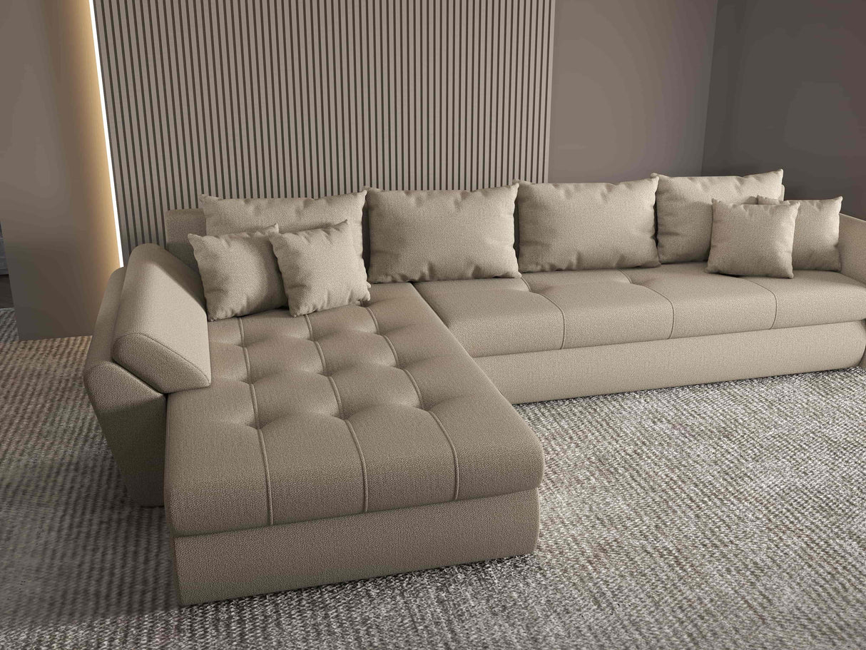 Colțar extensibil dumonde cu ladă de depozitare si sezut confortabil din spuma HR, Loana XL Enjoy Bej 335x185 cm Fabrica