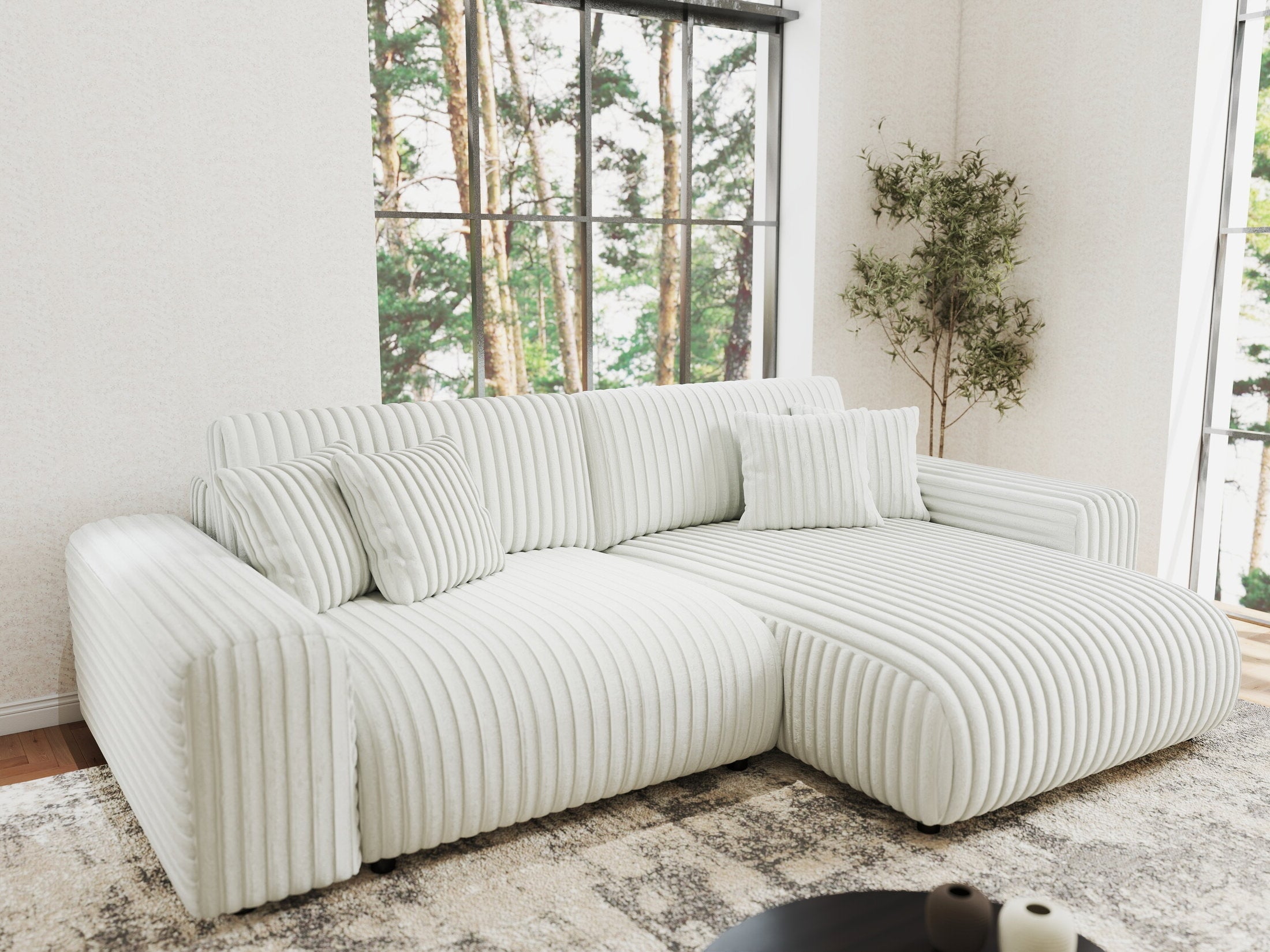 Colțar extensibil dumonde cu ladă de depozitare si sezut confortabil din spuma HR, Sarina Ambience Alb 255x168 cm II