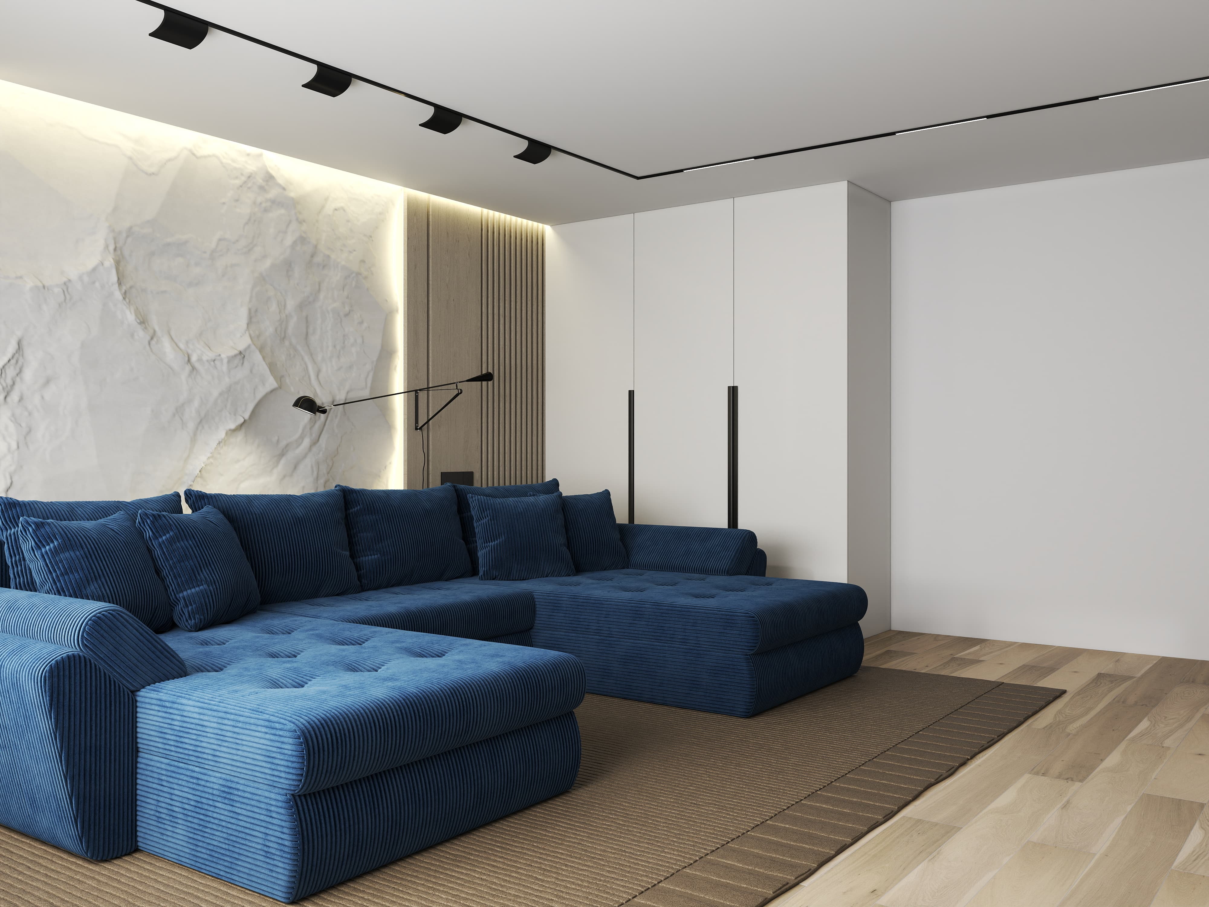 Colțar extensibil dumonde cu ladă de depozitare si sezut confortabil din spuma HR, Loana U Bleumarin Zoom 355x185 cm Fabrica