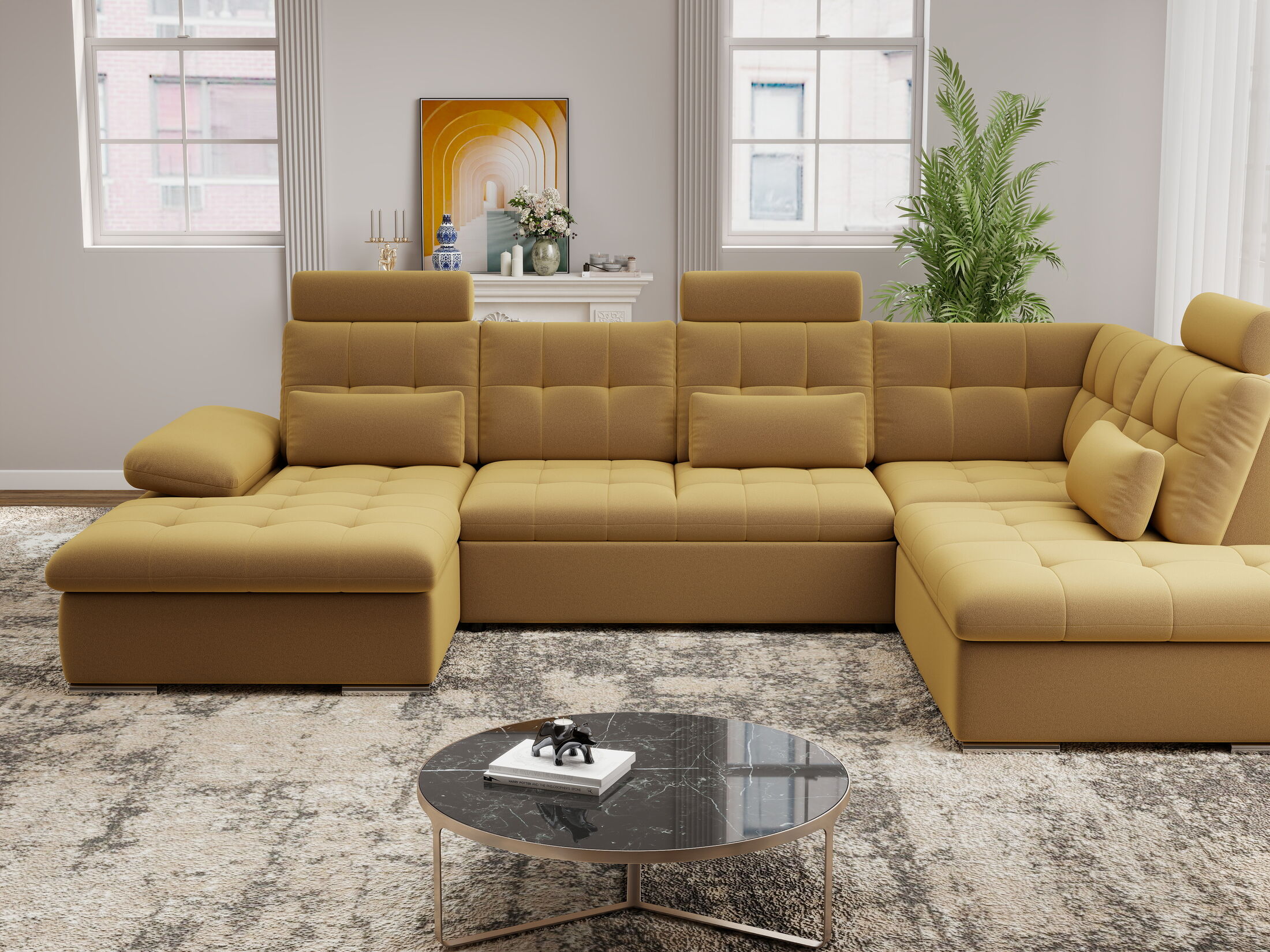 Colțar extensibil dumonde cu ladă de depozitare și șezut confortabil din spumă HR, Merkur U Royal Mustar 324x218 cm