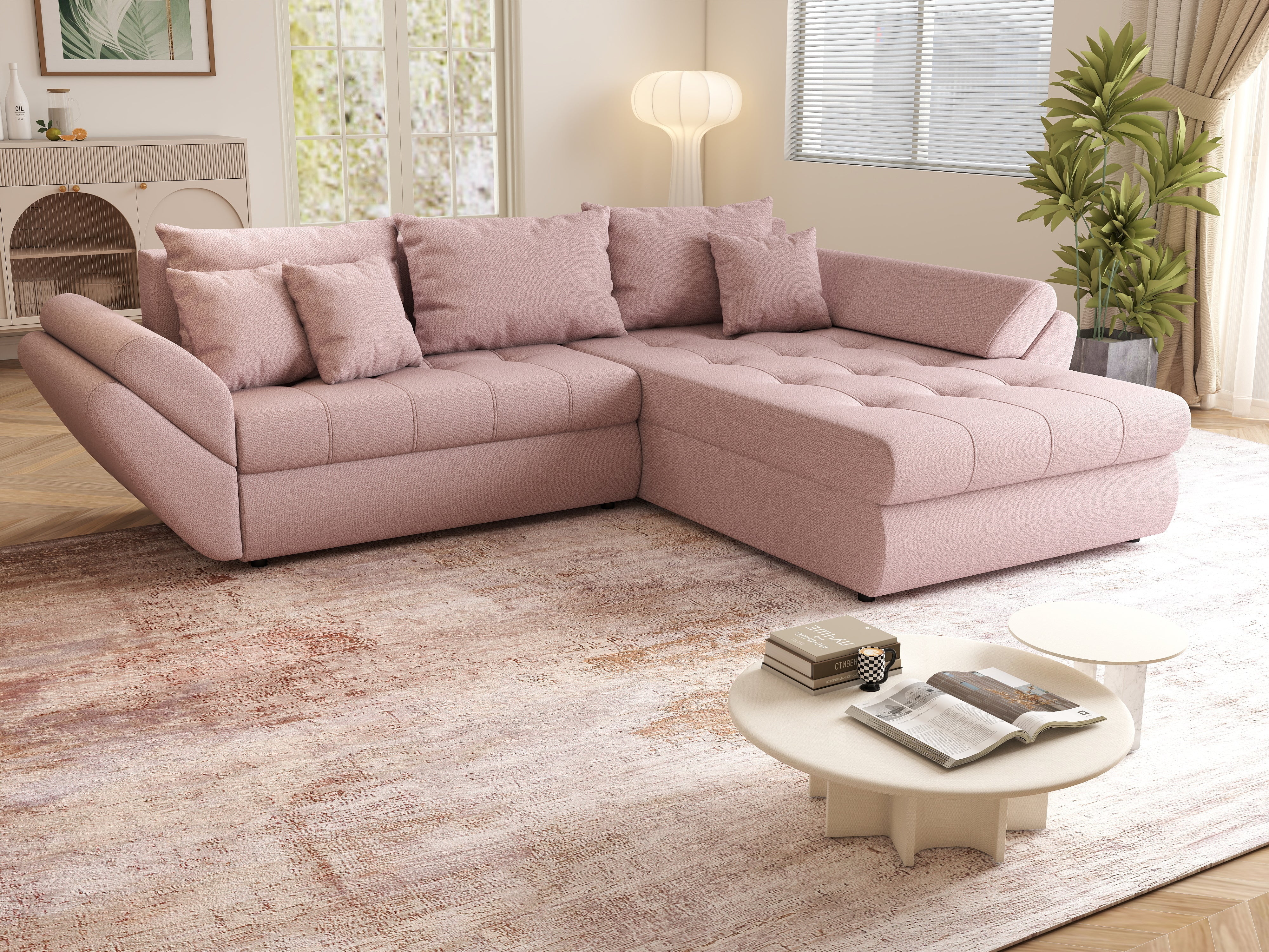 Colțar extensibil dumonde cu ladă de depozitare si sezut confortabil din spuma HR, Loana Roz II 270x185 cm Fabrica