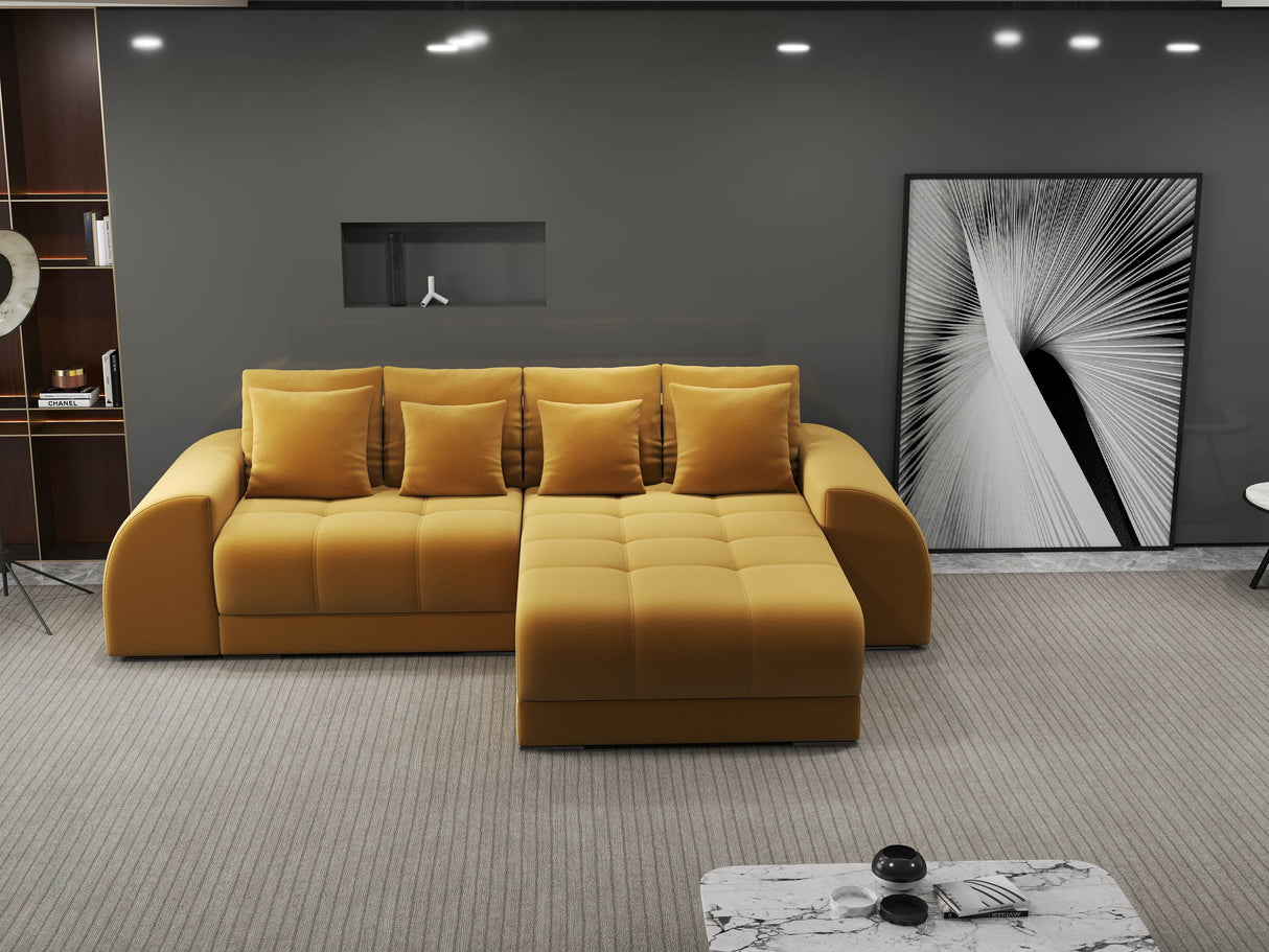 Colțar extensibil dumonde cu ladă de depozitare si sezut confortabil din spuma HR, Verona Royal Mustar II 290x185 cm Fabrica