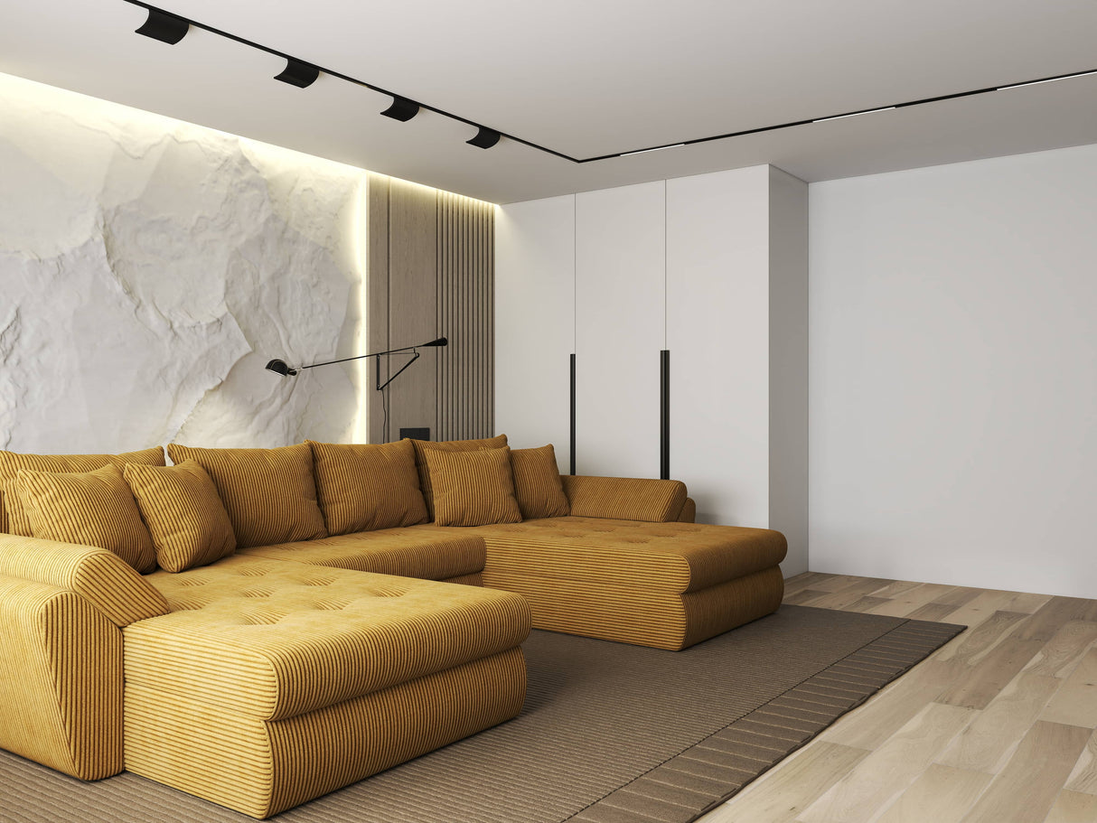 Colțar extensibil dumonde cu ladă de depozitare si sezut confortabil din spuma HR, Loana U Mustar Zoom 355x185 cm Fabrica