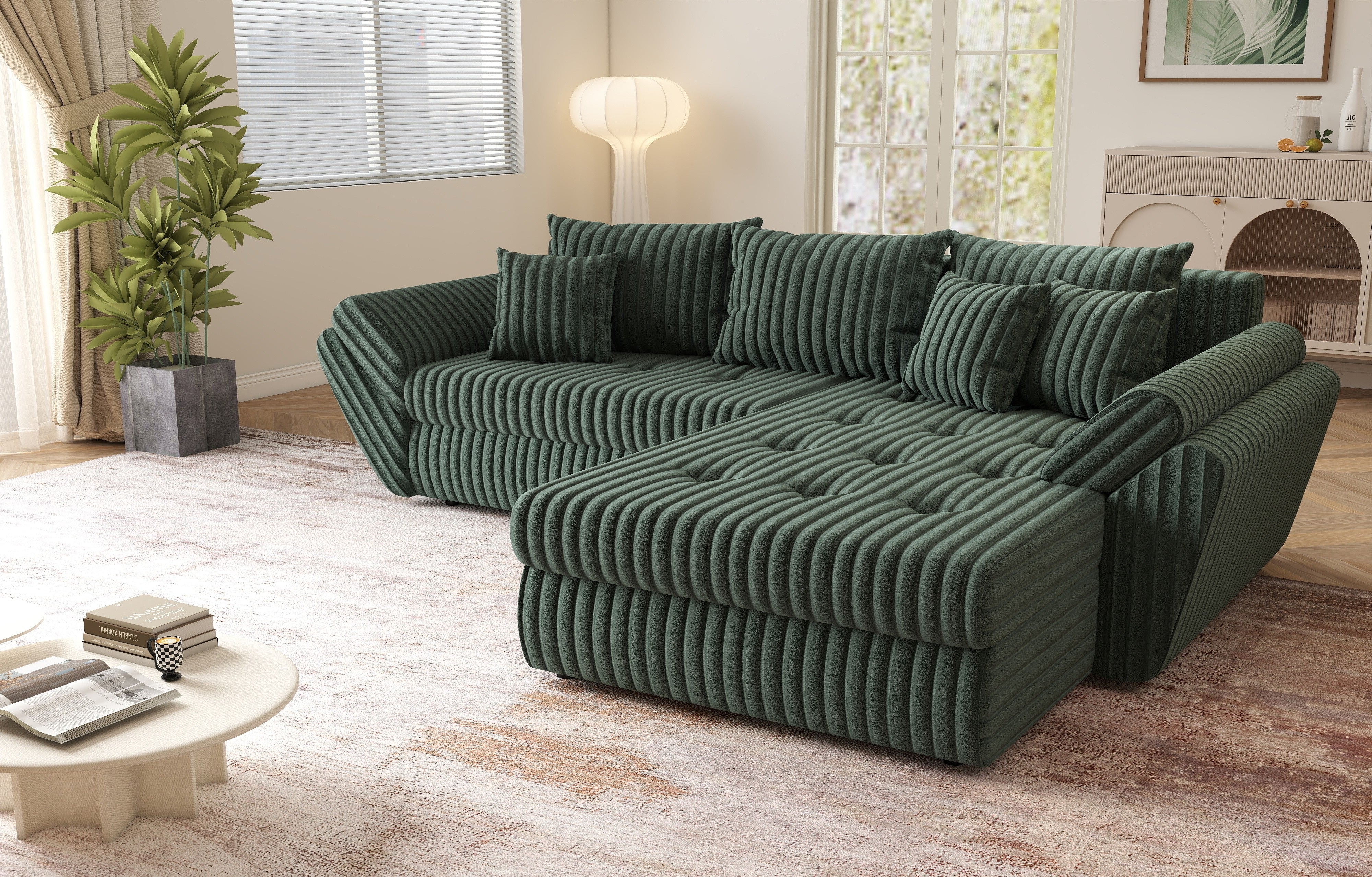 Colțar extensibil dumonde cu ladă de depozitare si sezut confortabil din spuma HR, Loana Verde Ambience II 270x185 cm Fabrica