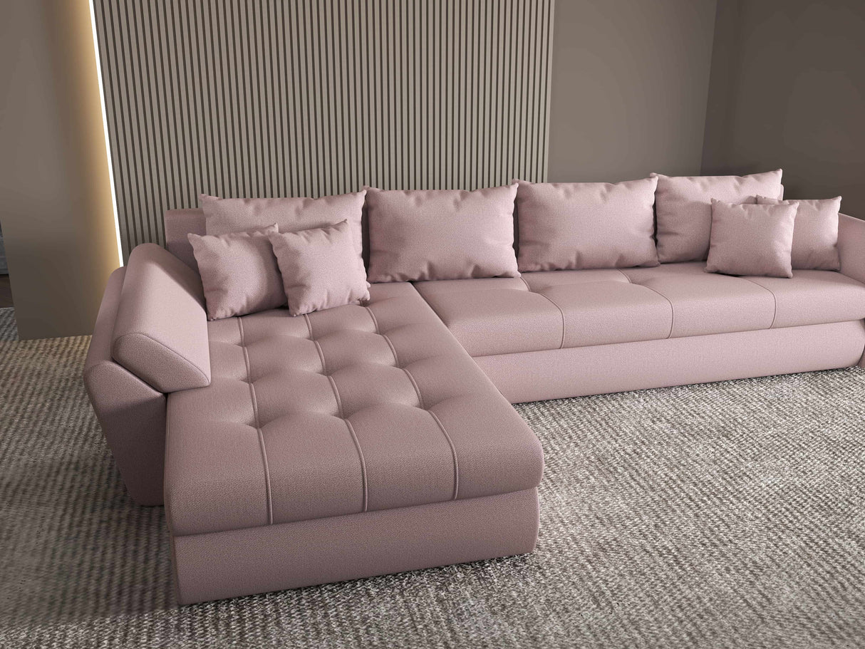 Colțar extensibil dumonde cu ladă de depozitare si sezut confortabil din spuma HR, Loana XL Enjoy Roz 335x185 cm Fabrica