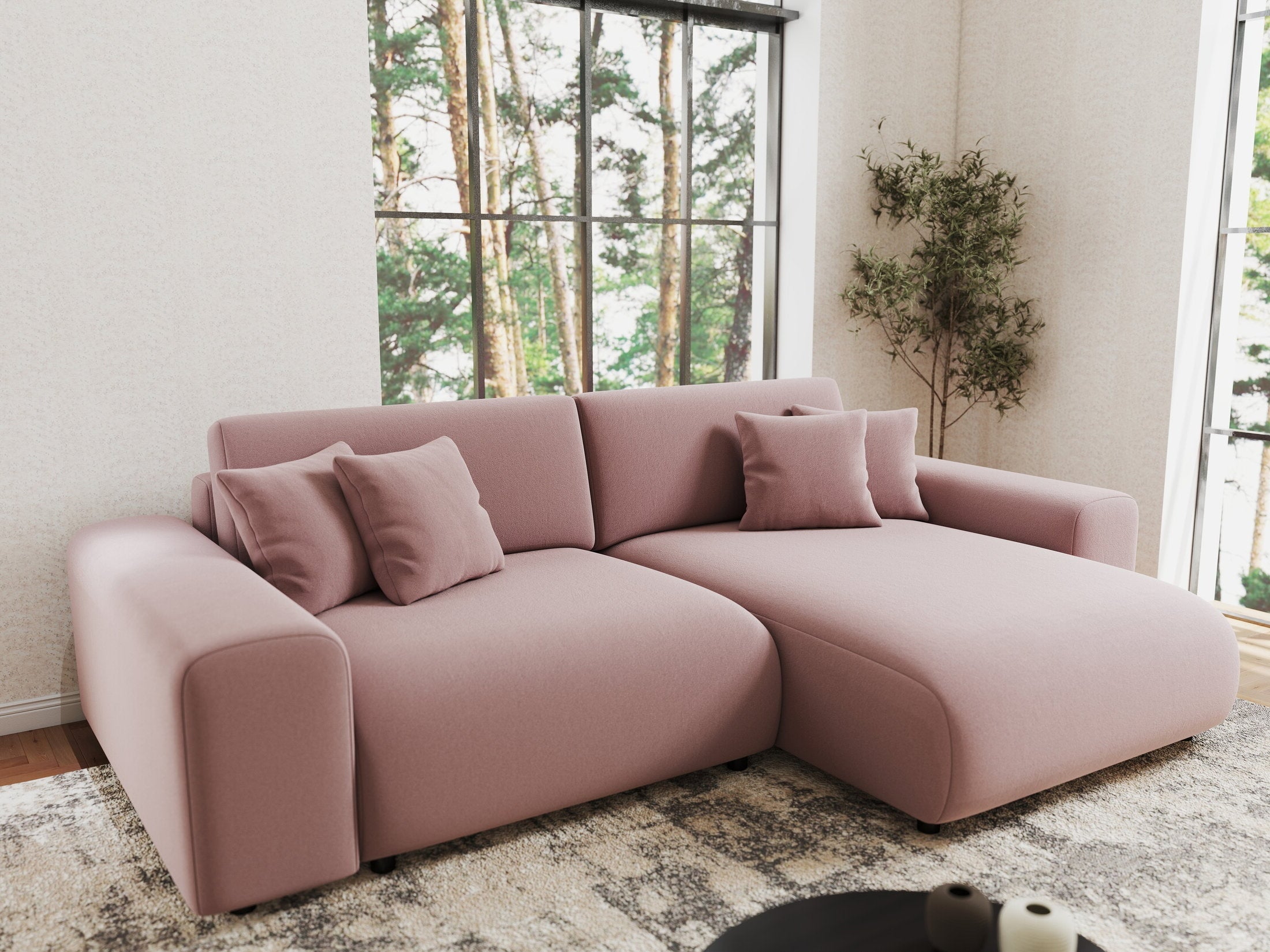 Colțar extensibil dumonde cu ladă de depozitare si sezut confortabil din spuma HR, Sarina Royal Roz 255x168 cm II