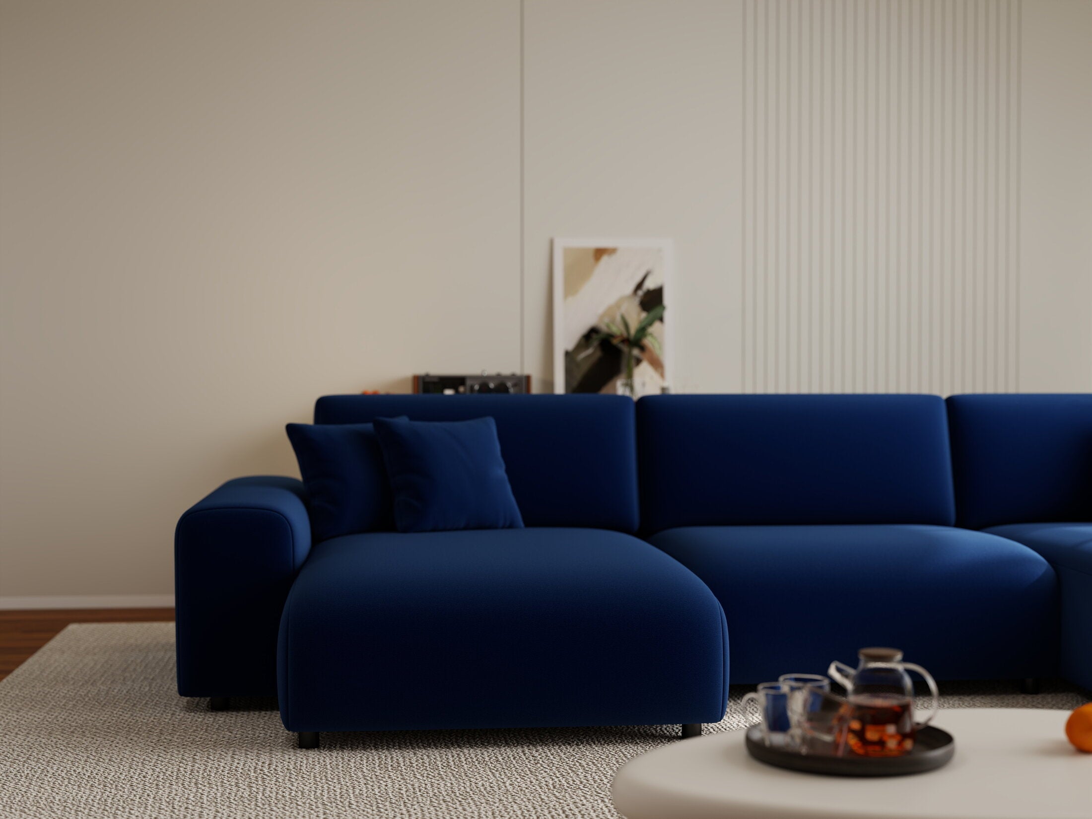 Colțar extensibil dumonde cu ladă de depozitare si sezut confortabil din spuma HR, Sarina U Royal Albastru Navy 350x168 cm