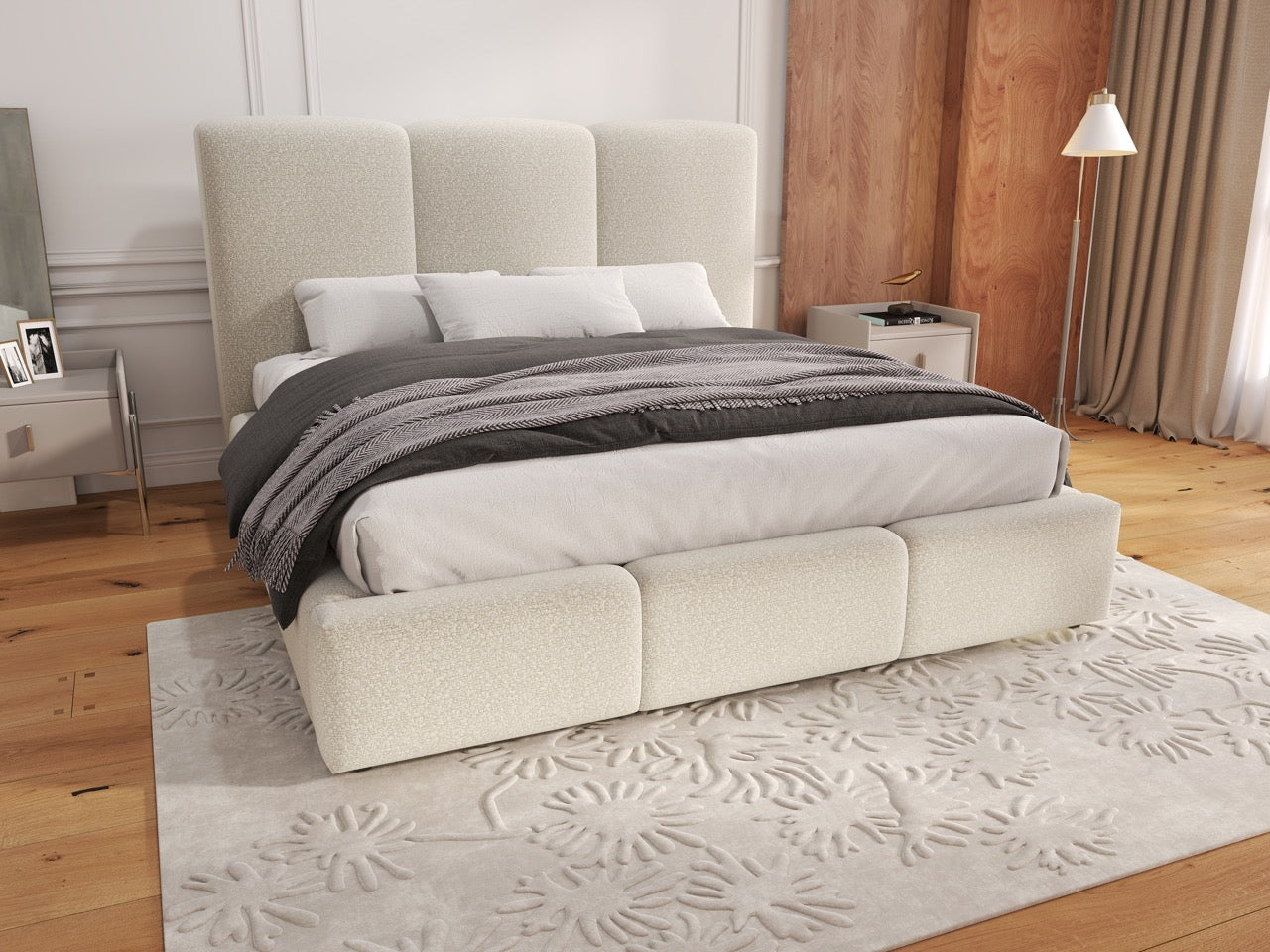 Pat dormitor dumonde, tapitat bej, Dinasty 180x200 cm, somiera rabatabila inclusa, spatiu depozitare