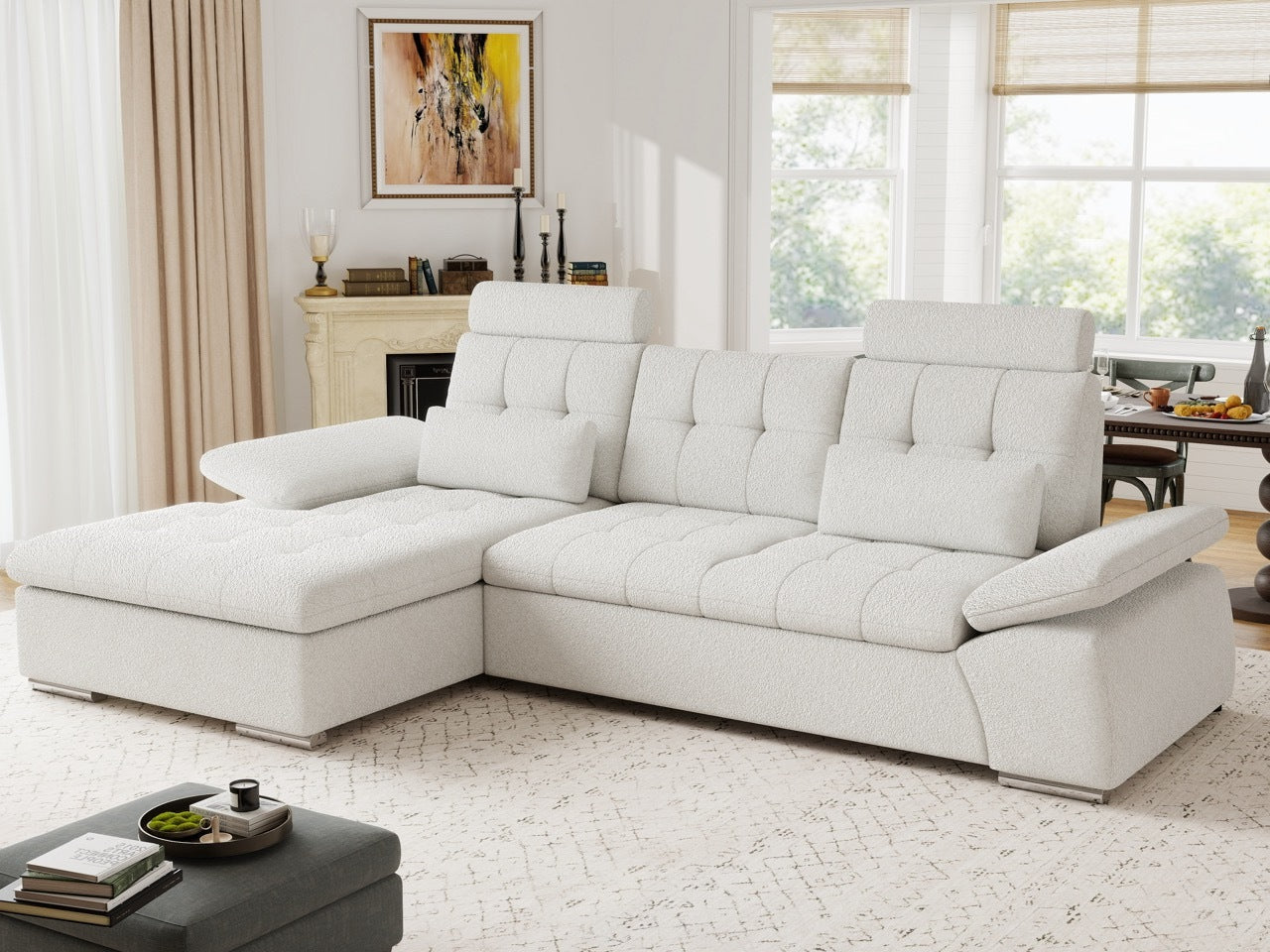 Colțar extensibil dumonde cu ladă de depozitare și șezut confortabil din spumă HR, Merkur Euphoria Alb 270x168 cm