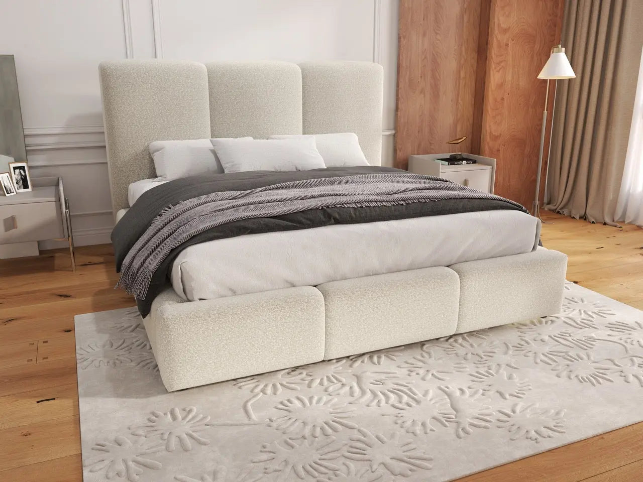 Pat dormitor dumonde, tapitat bej, Dinasty 140x200 cm, somiera rabatabila inclusa, spatiu depozitare WLS