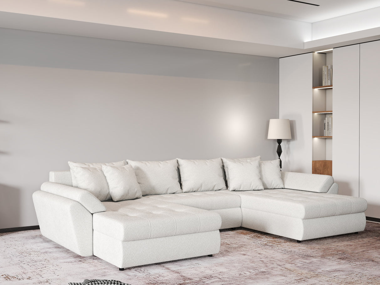 Colțar extensibil dumonde cu ladă de depozitare si sezut confortabil din spuma HR, Loana U Bej Euphoria 355x185 cm Fabrica