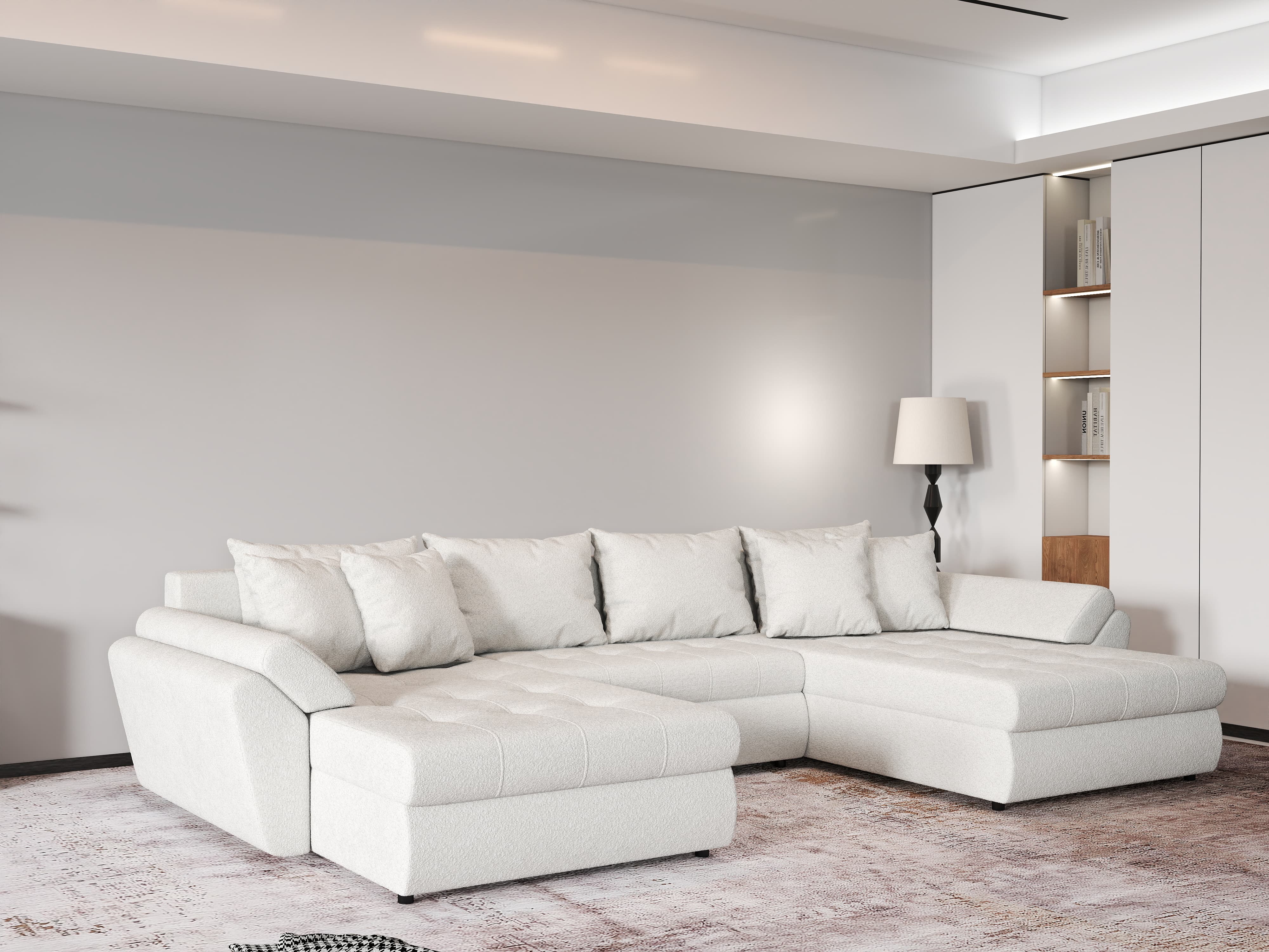 Colțar extensibil dumonde cu ladă de depozitare si sezut confortabil din spuma HR, Loana U Bej Euphoria 355x185 cm Fabrica
