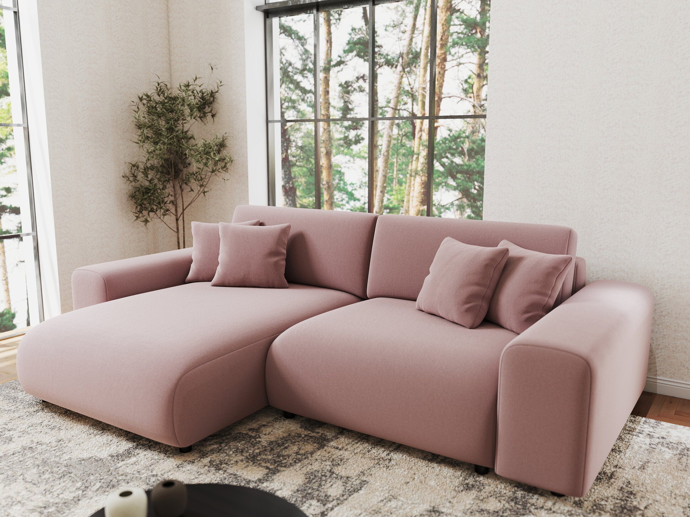 Colțar extensibil dumonde cu ladă de depozitare si sezut confortabil din spuma HR, Sarina Royal Roz 255x168 cm