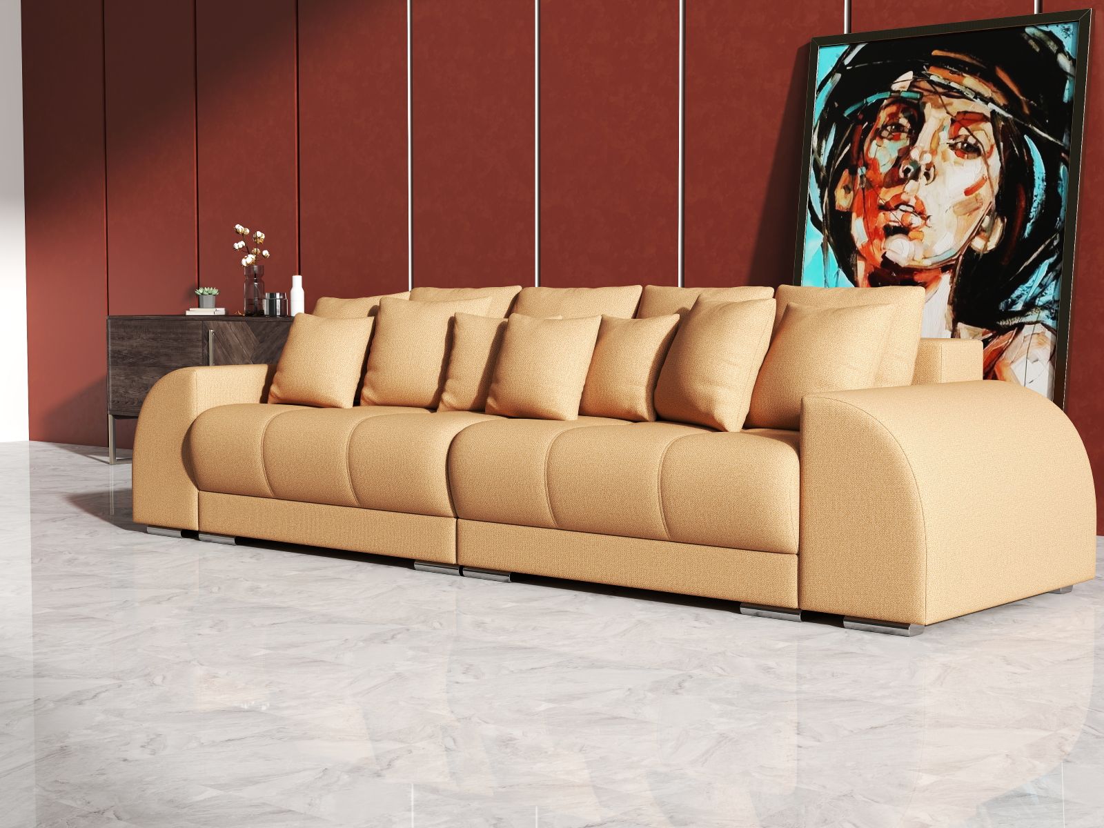 Canapea extensibilă dumonde cu 2 lăzi de depozitare si sezut confortabil din spuma HR, Big Sofa Verona Enjoy Lux Mango 310x100 cm Fabrica