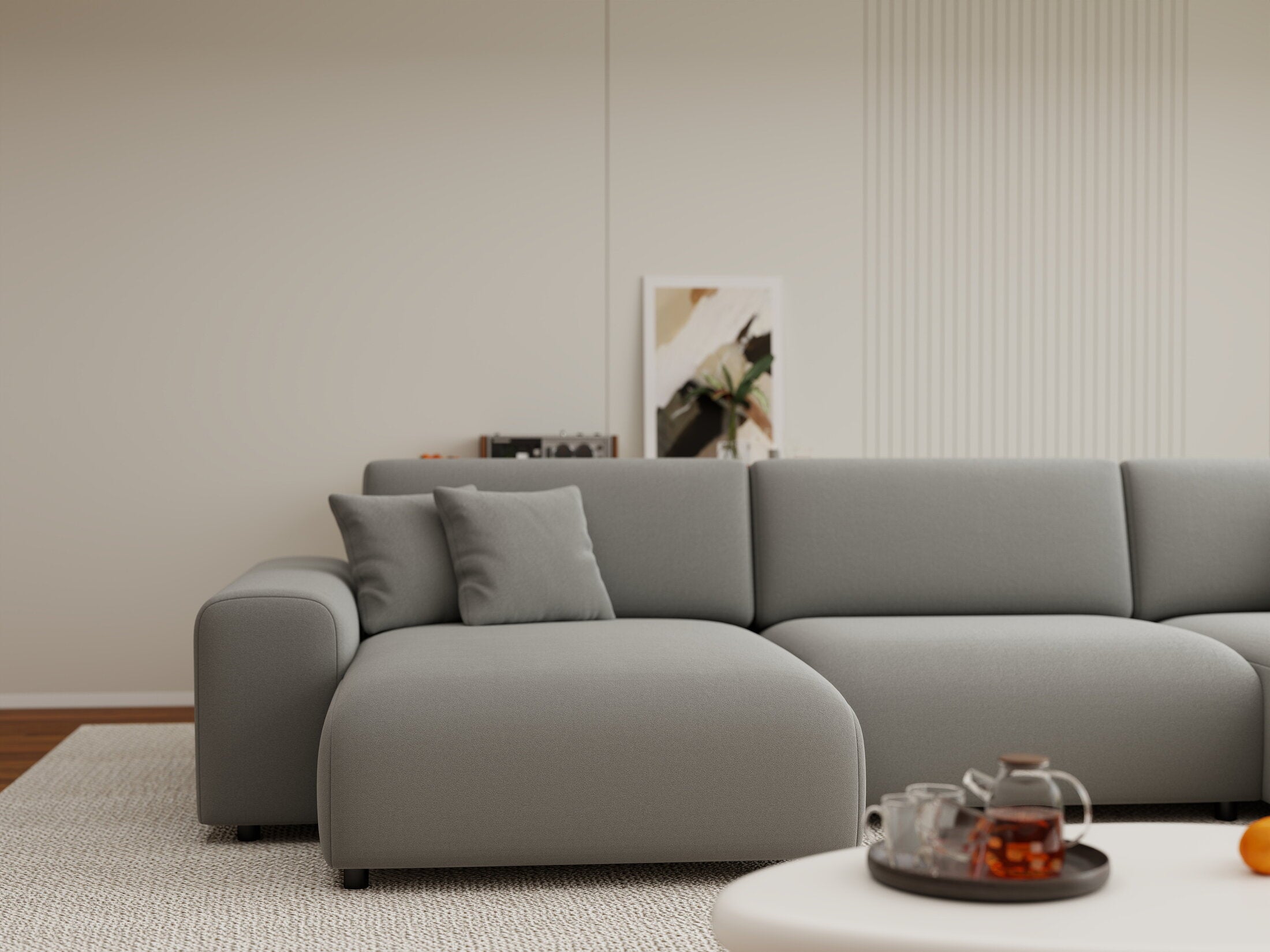 Colțar extensibil dumonde cu ladă de depozitare si sezut confortabil din spuma HR, Sarina U Royal Gri 350x168 cm