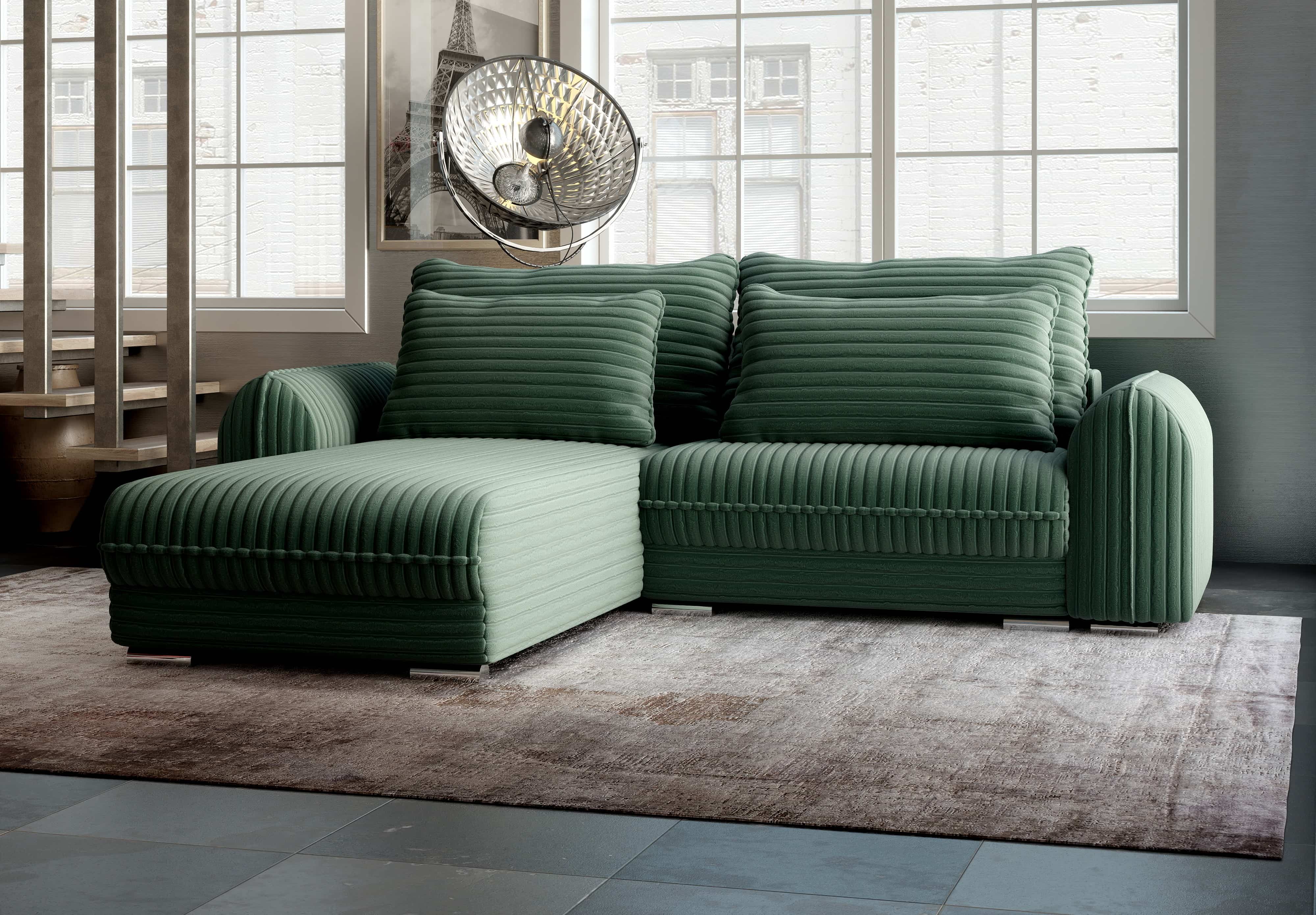 Colțar extensibil dumonde cu ladă de depozitare si sezut confortabil din spuma HR, Denver Ambience Verde 275x185 cm Fabrica