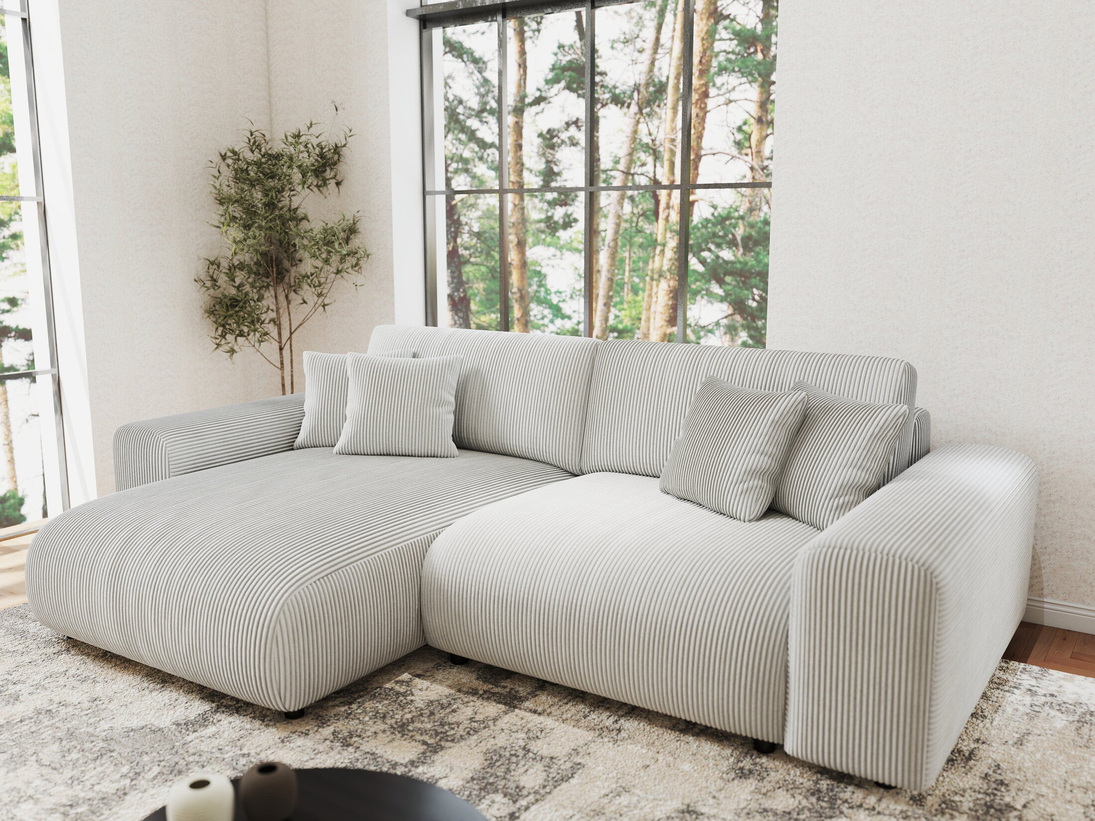 Colțar extensibil dumonde cu ladă de depozitare si sezut confortabil din spuma HR, Sarina Zoom Gri 255x168 cm