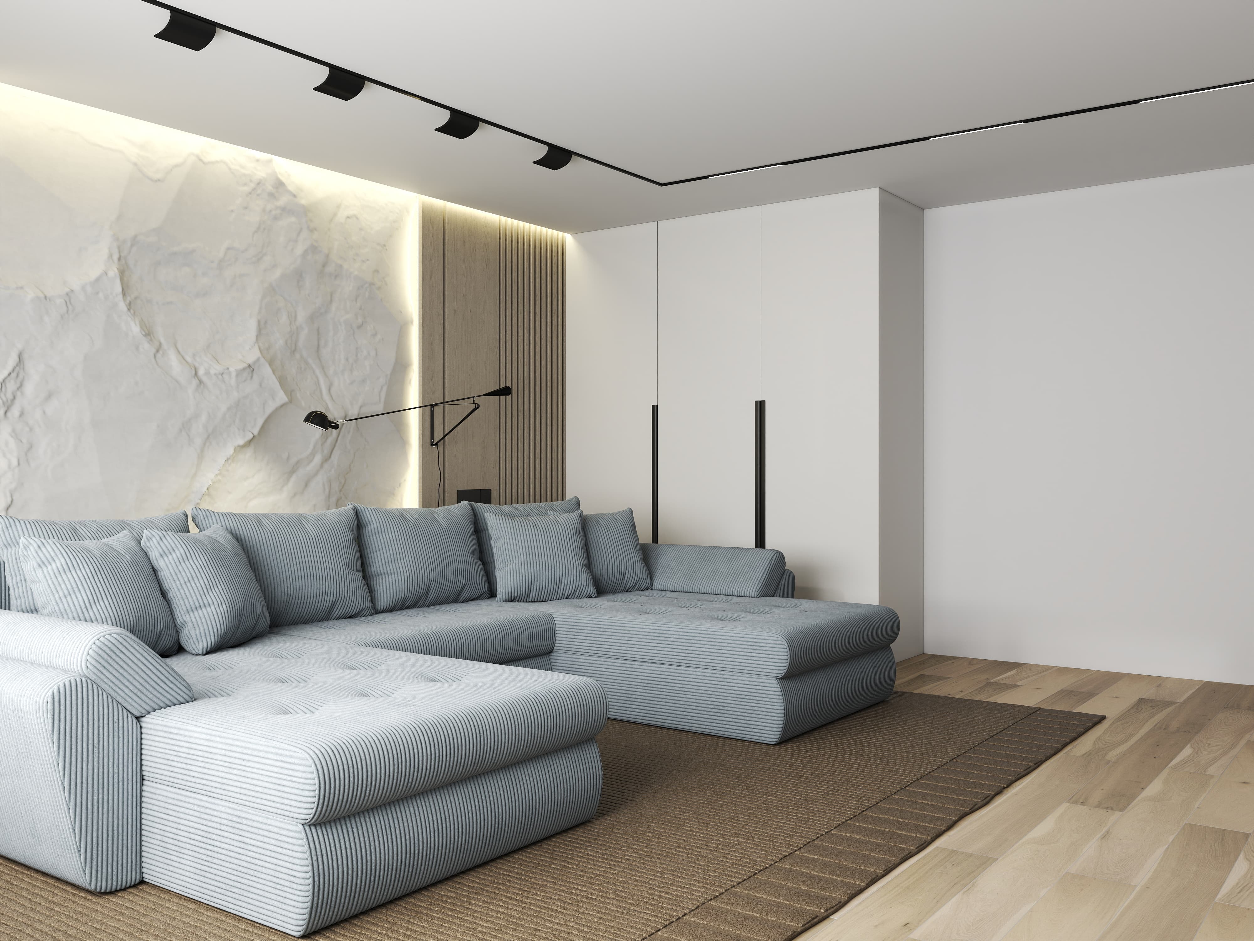 Colțar extensibil dumonde cu ladă de depozitare si sezut confortabil din spuma HR, Loana U Gri Zoom 355x185 cm Fabrica