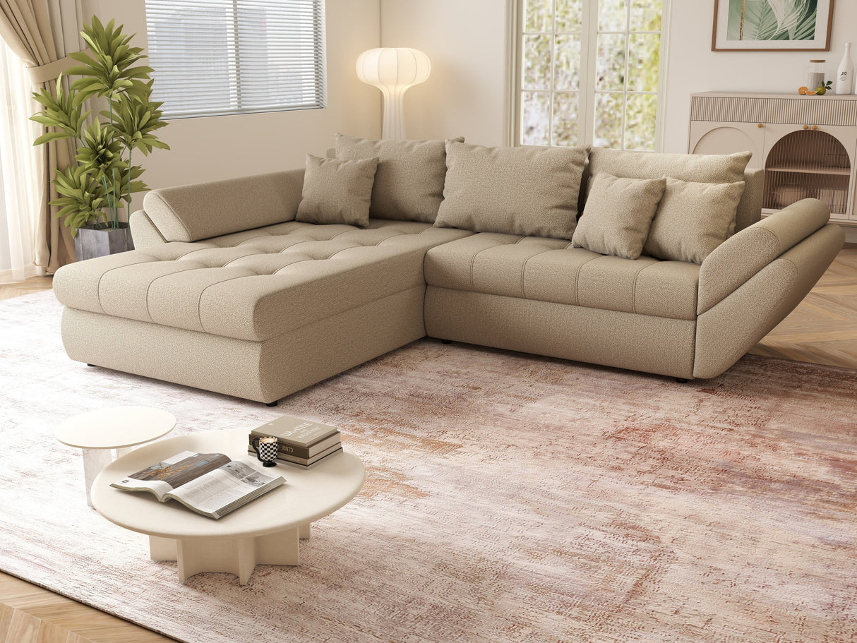 Colțar extensibil dumonde cu ladă de depozitare si sezut confortabil din spuma HR, Loana Camel 270x185 cm Fabrica