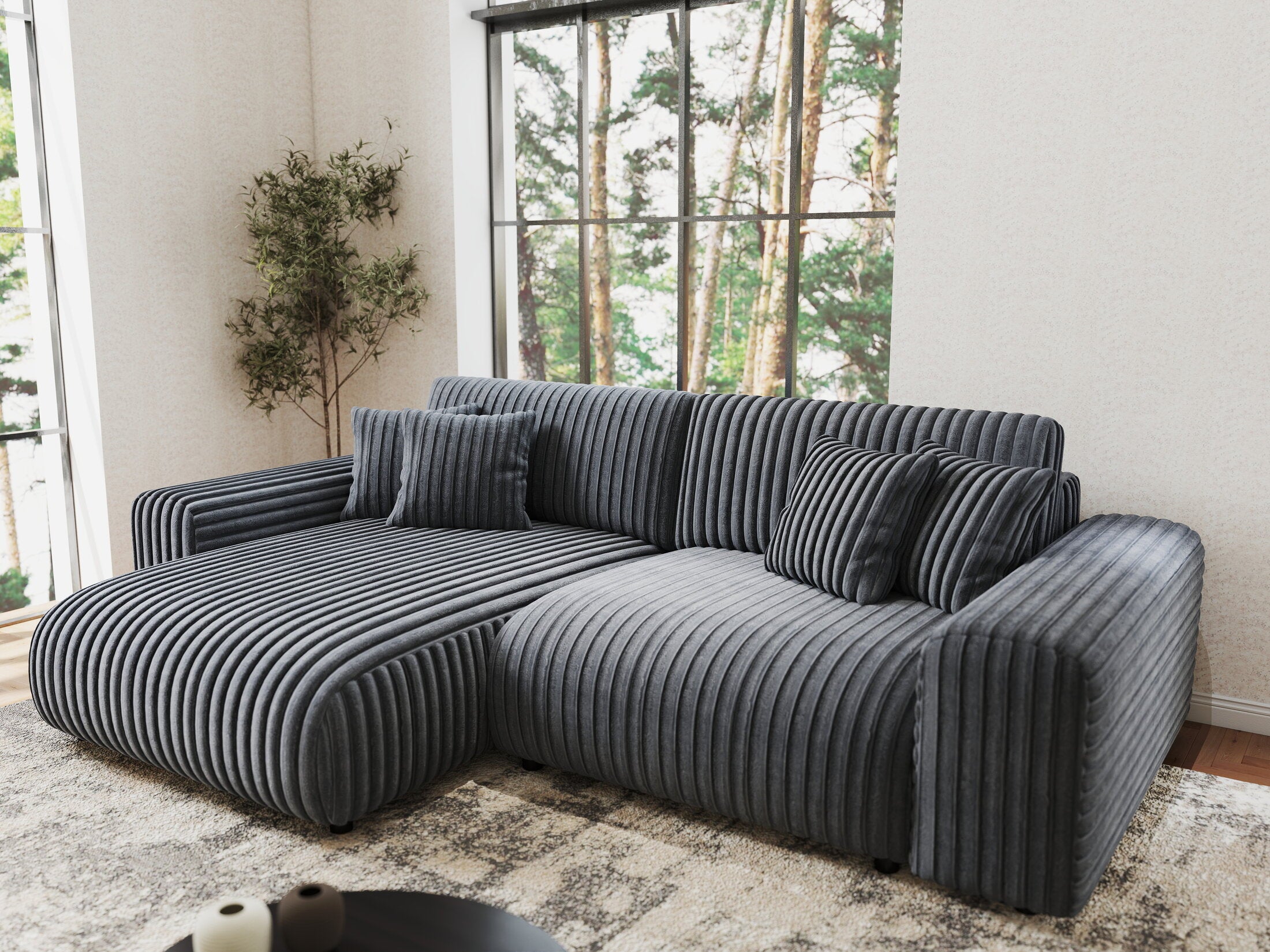 Colțar extensibil dumonde cu ladă de depozitare si sezut confortabil din spuma HR, Sarina Ambience Gri 255x168 cm