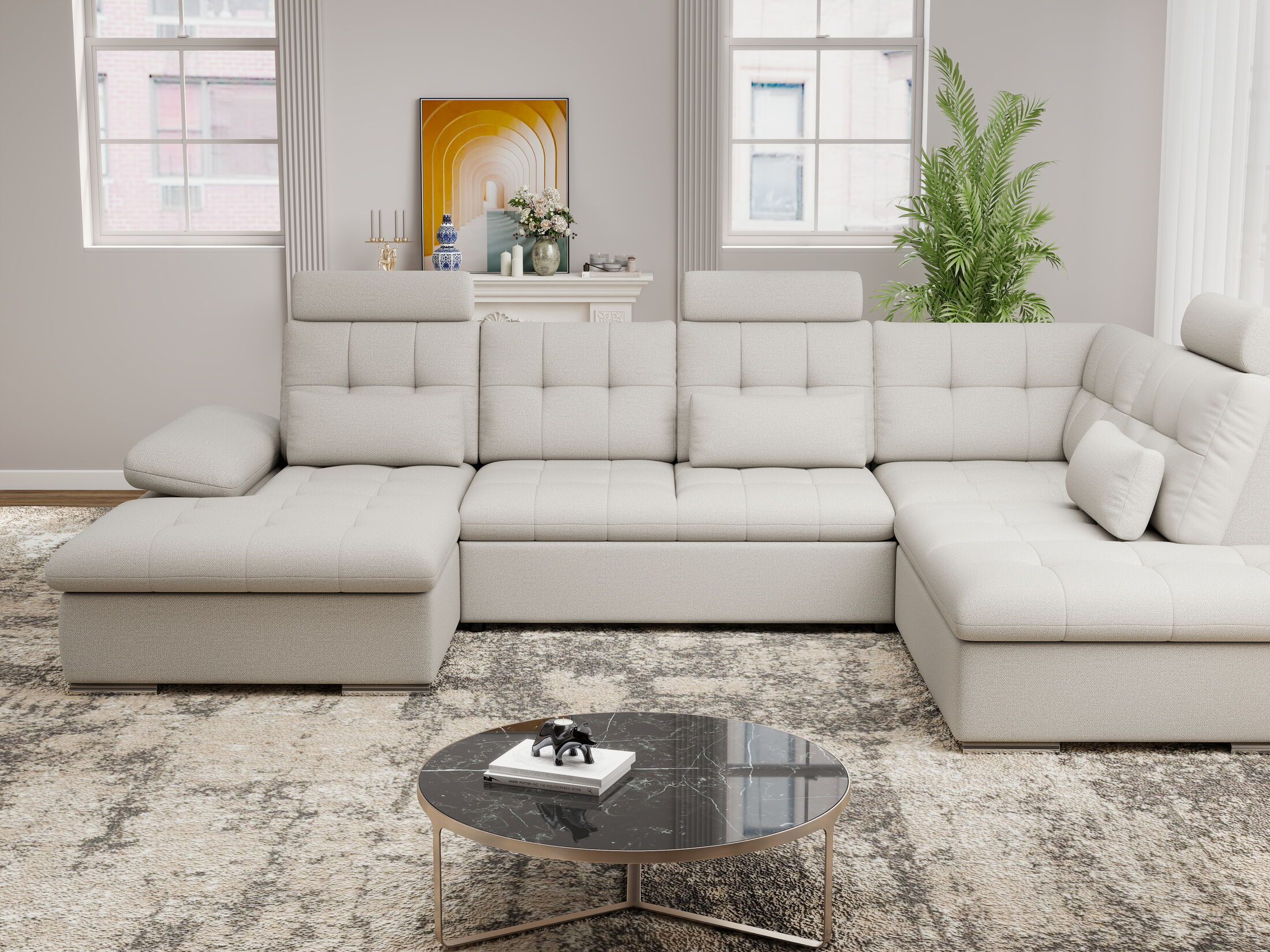 Colțar extensibil dumonde cu ladă de depozitare și șezut confortabil din spumă HR, Merkur U Enjoy Bej 324x218 cm