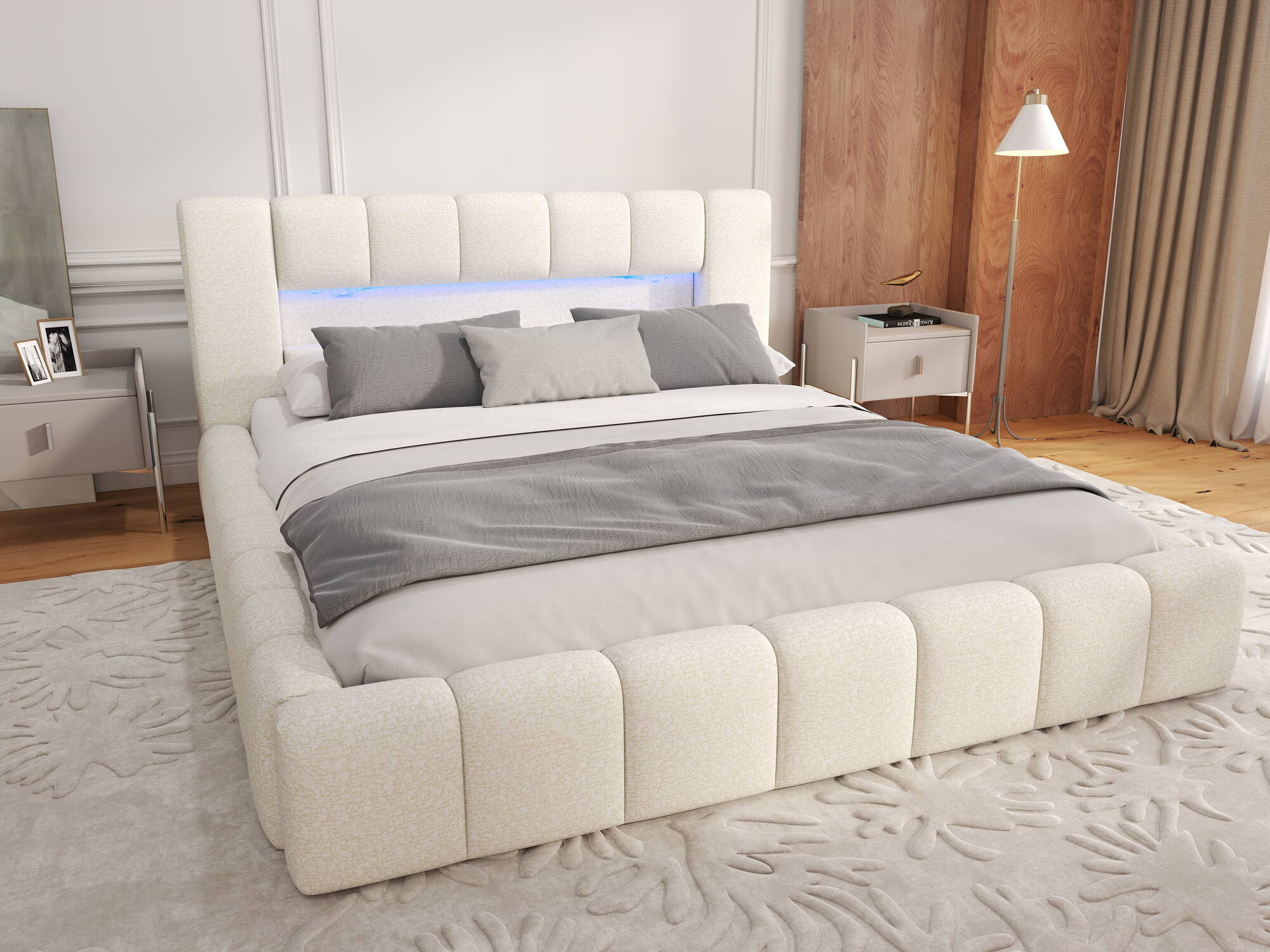 Pat dormitor dumonde, tapitat bej, Palermo 180x200 cm, somiera rabatabila inclusa, spatiu depozitare