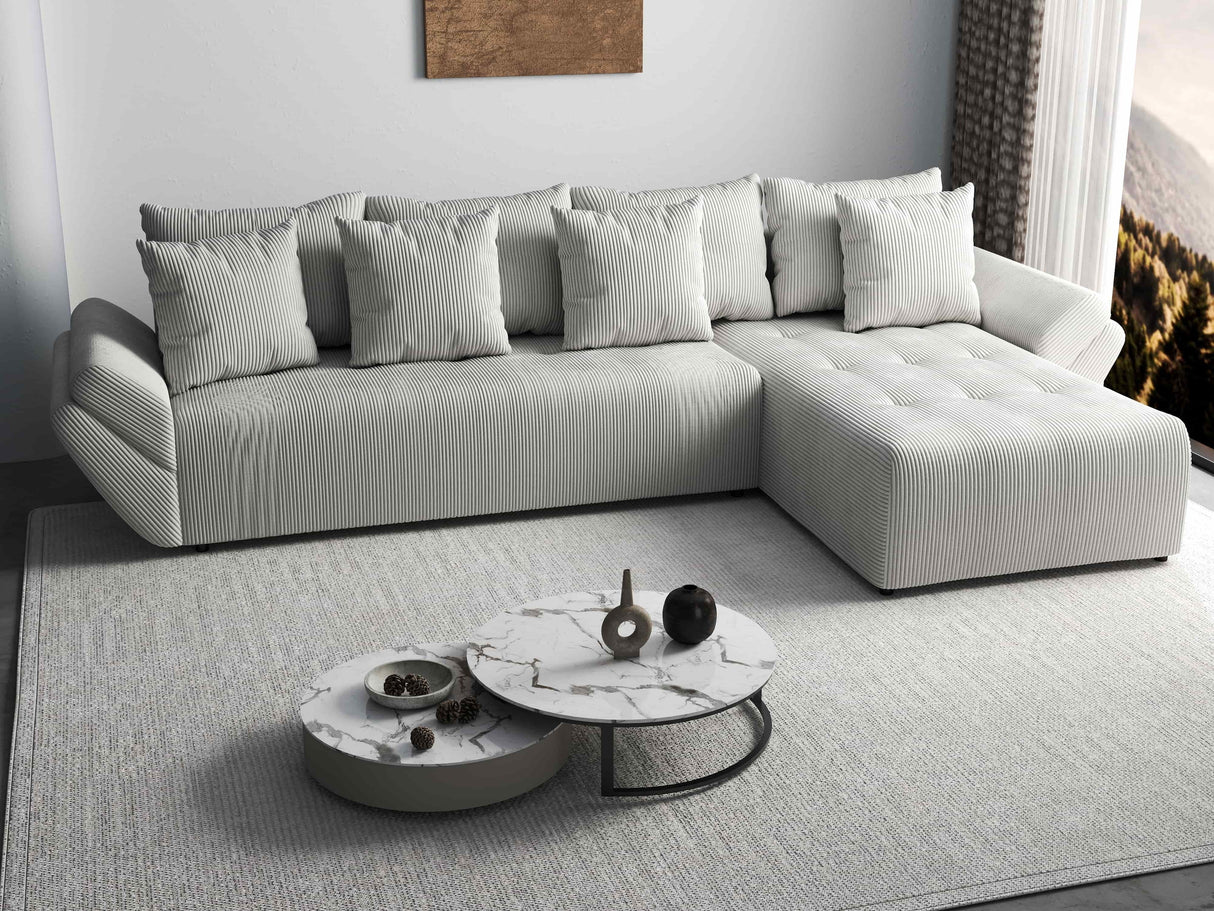 Colțar extensibil dumonde cu ladă de depozitare si sezut confortabil din spuma HR, Berlin XL Zoom Pearl 350x185 cm II Fabrica