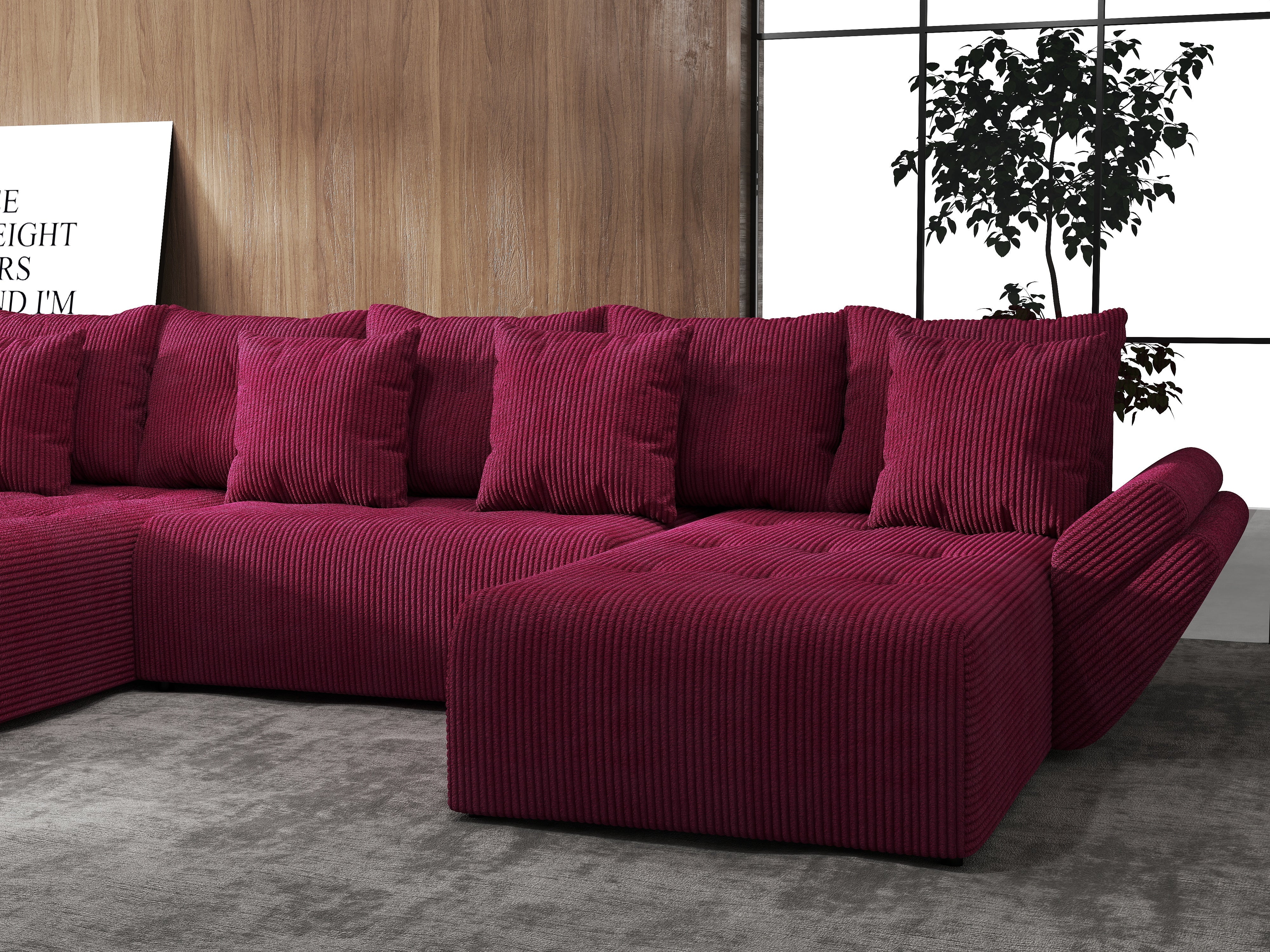 Colțar extensibil dumonde cu ladă de depozitare si sezut confortabil din spuma HR, Berlin U Zoom Bordeaux 380x180 cm Fabrica