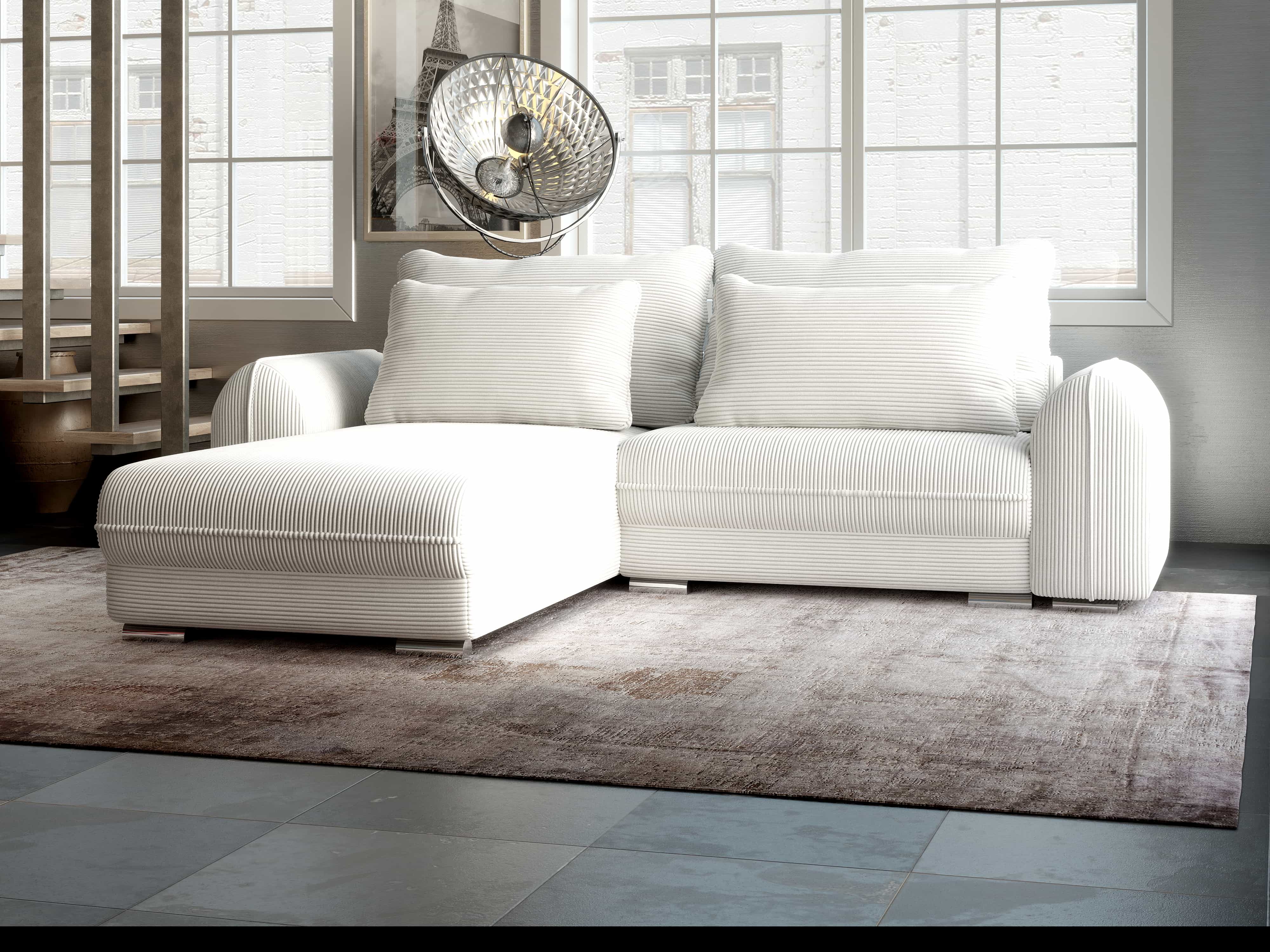Colțar extensibil dumonde cu ladă de depozitare si sezut confortabil din spuma HR, Denver Zoom Crem 275x185 cm Fabrica