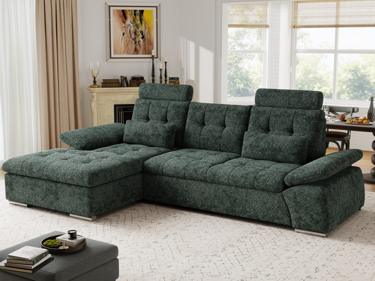 Colțar extensibil dumonde cu ladă de depozitare și șezut confortabil din spumă HR, Merkur Euphoria Verde 270x168 cm